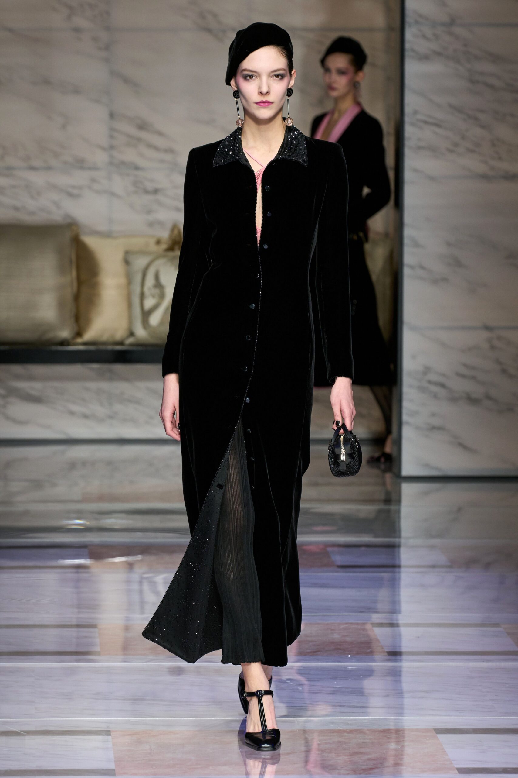 black velvet long-sleeve v-neck fitted buttoned shiny dress