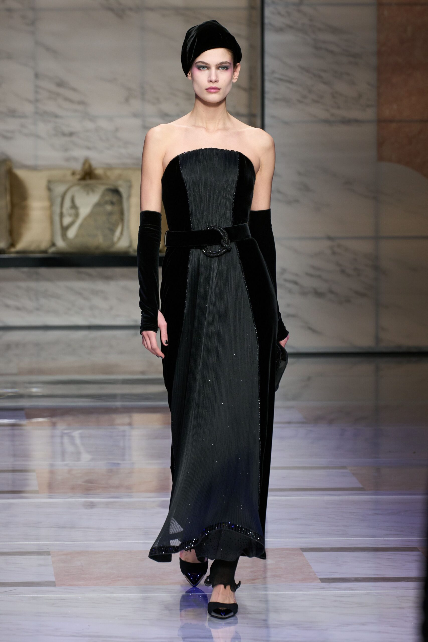 black silk strapless v-neck fitted pleated embellished gown