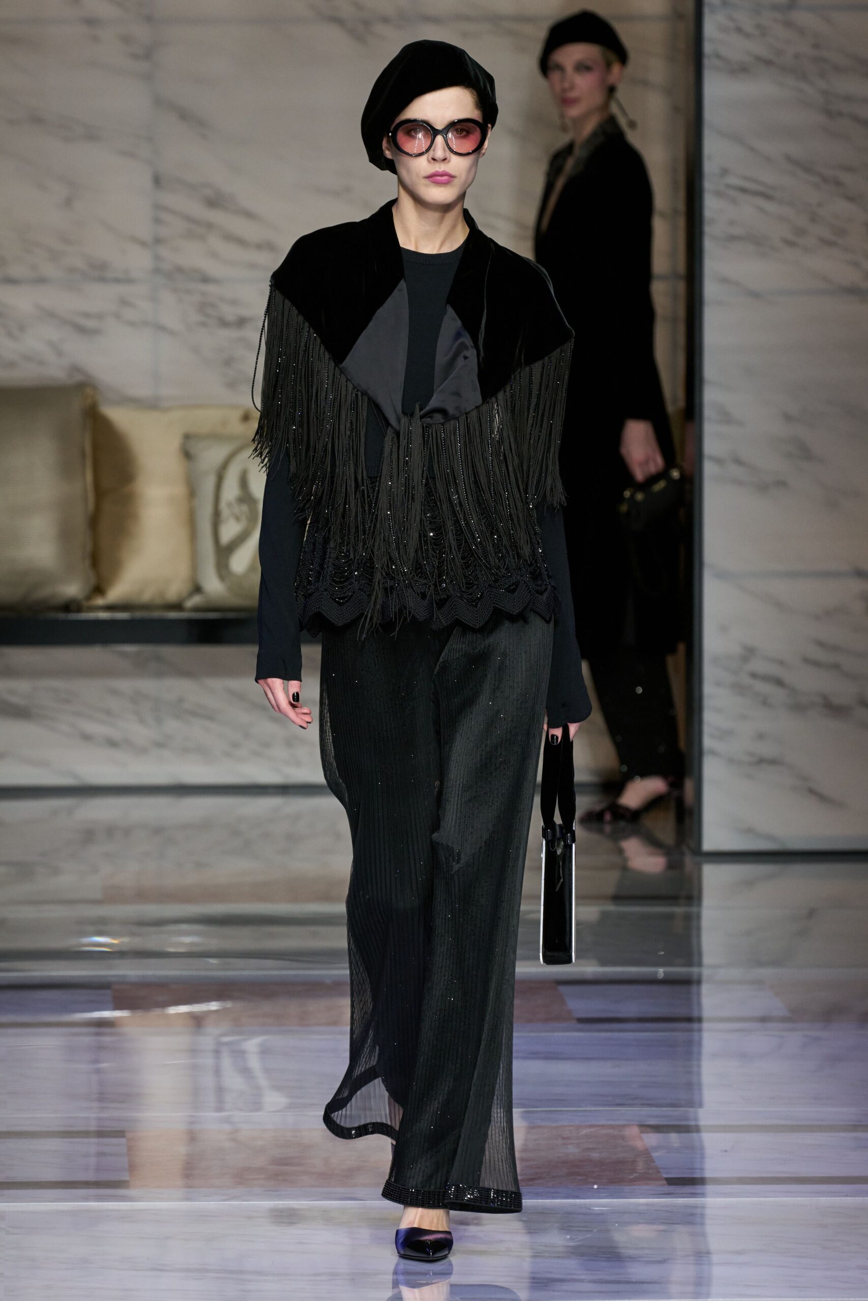 black silk relaxed pleated straight-leg pants