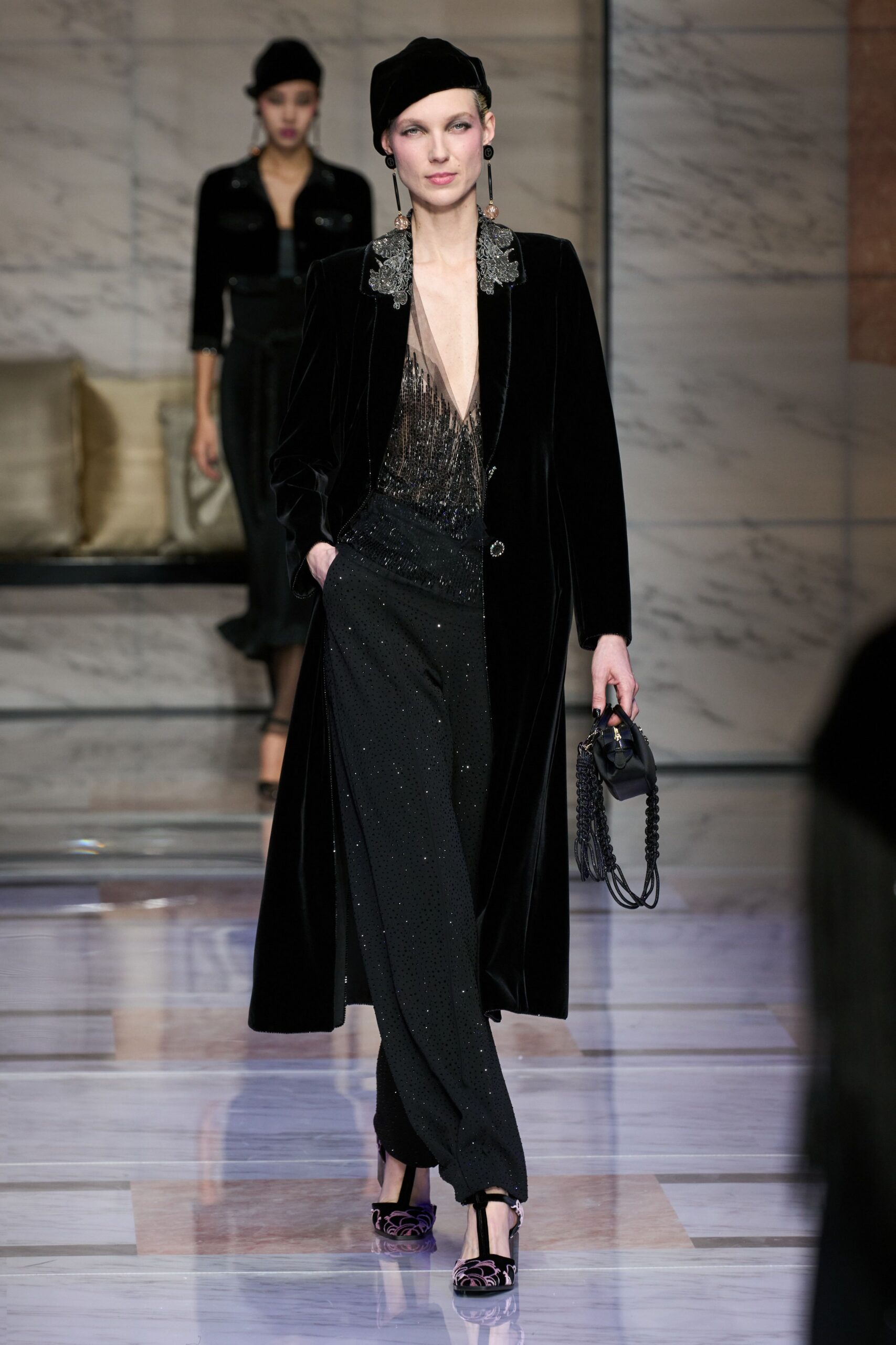 black velvet long-sleeve v-neck fitted buttoned draped coat