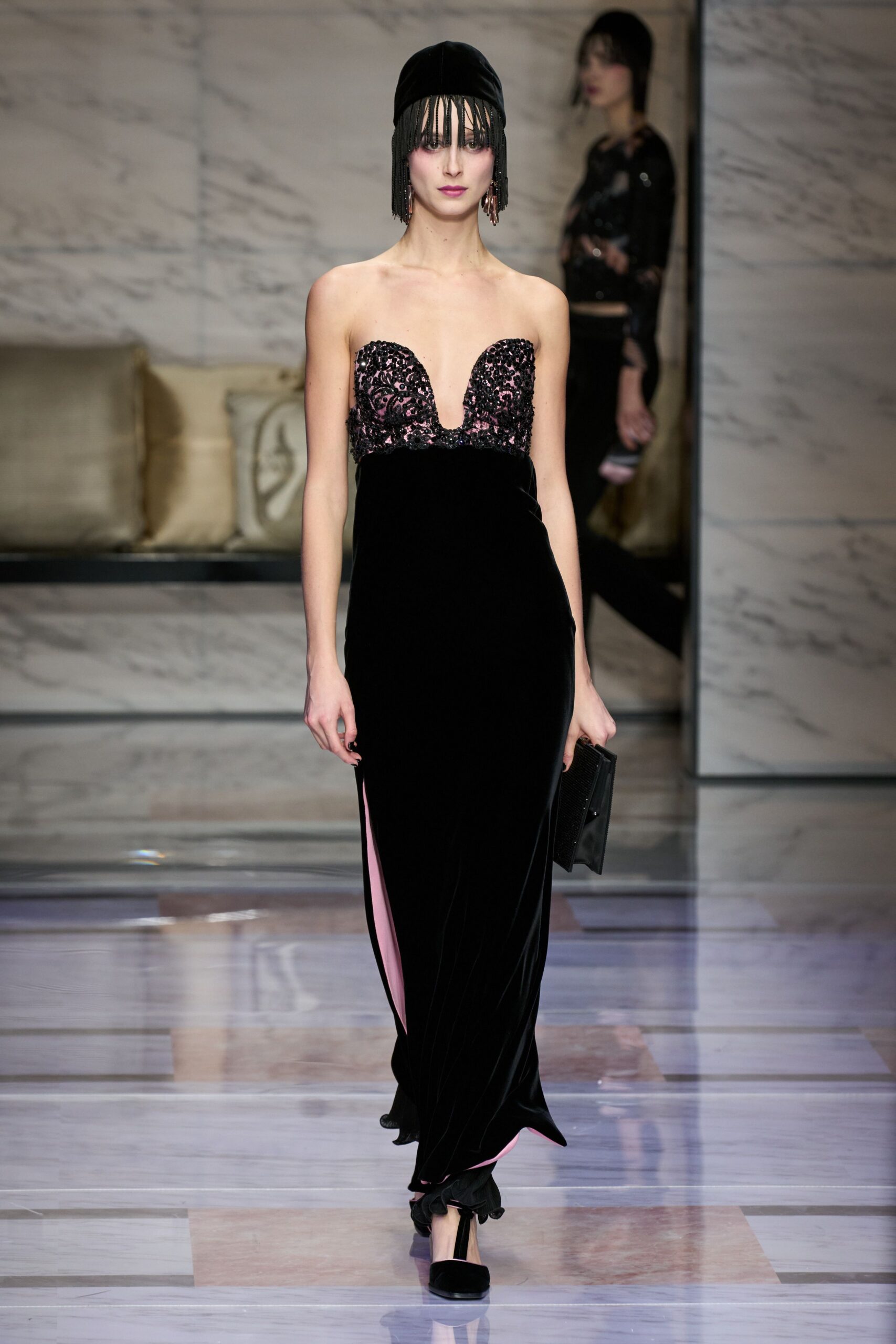 black velvet strapless gown