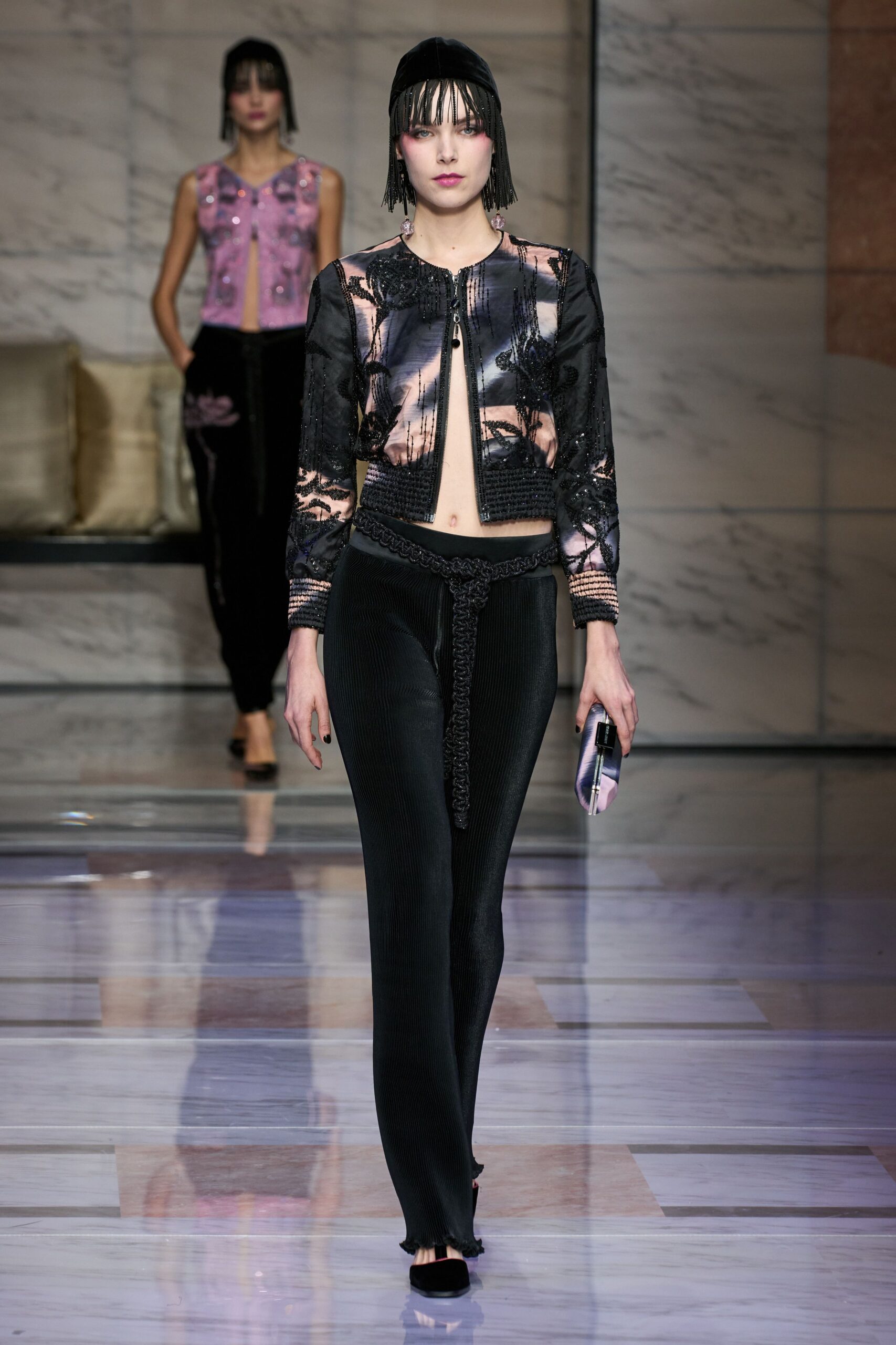 black silk long-sleeve collared fitted embroidered zippered jacket