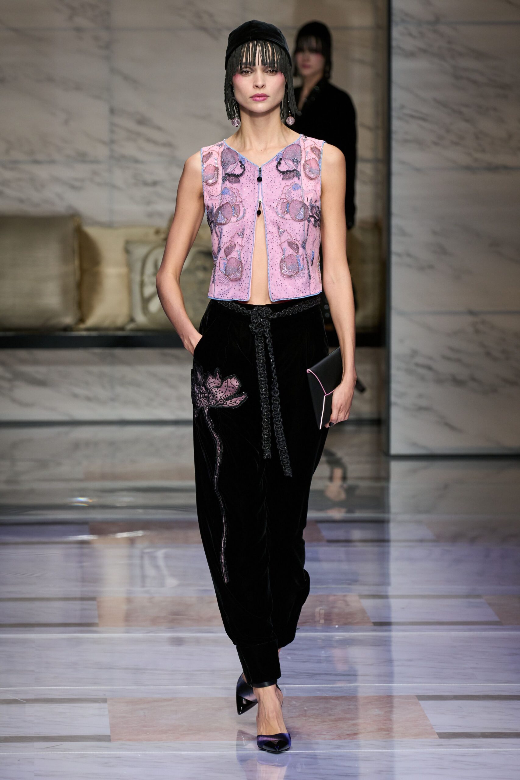 pink silk sleeveless collared fitted embroidered top