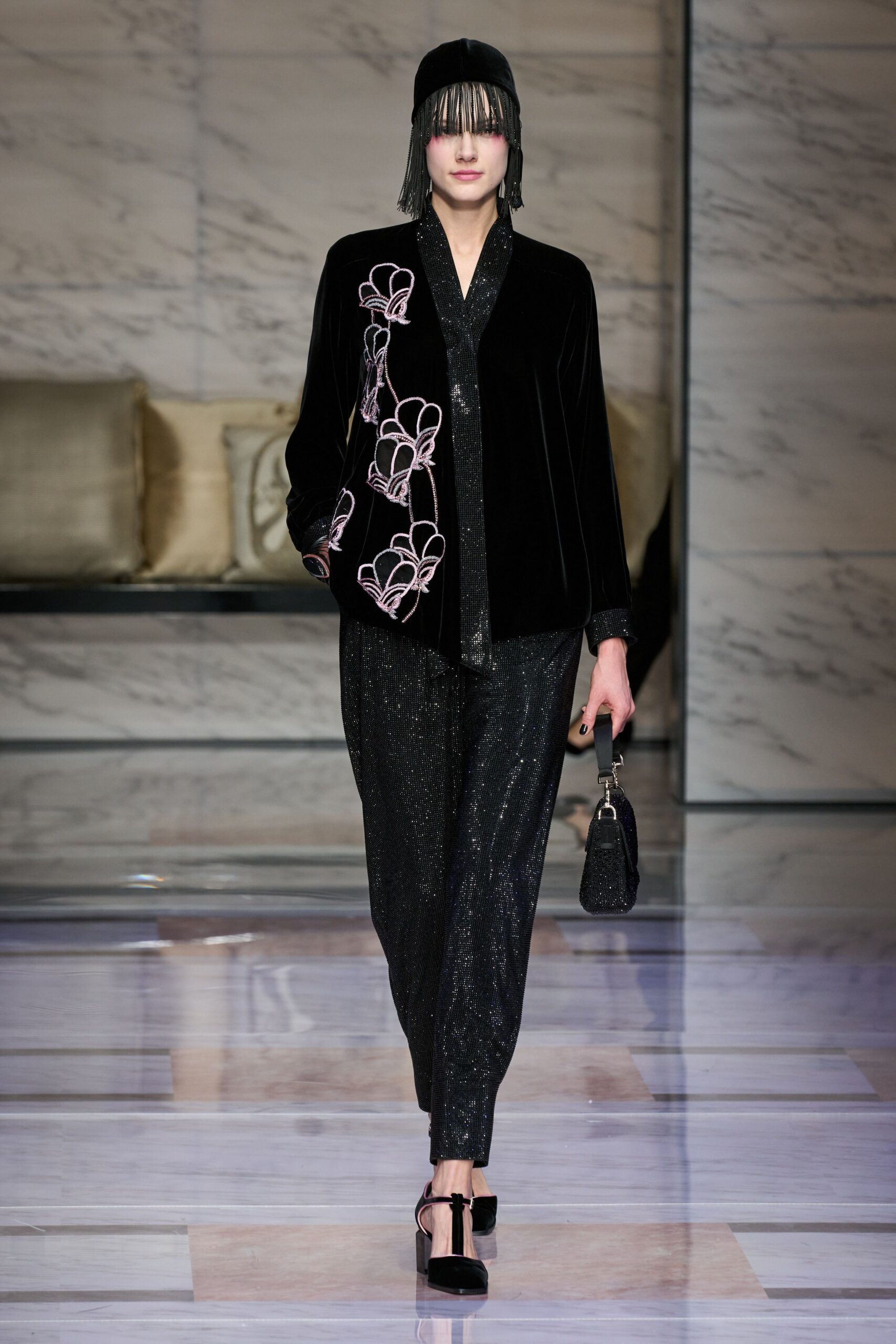black velvet long-sleeve collared relaxed embroidered jacket