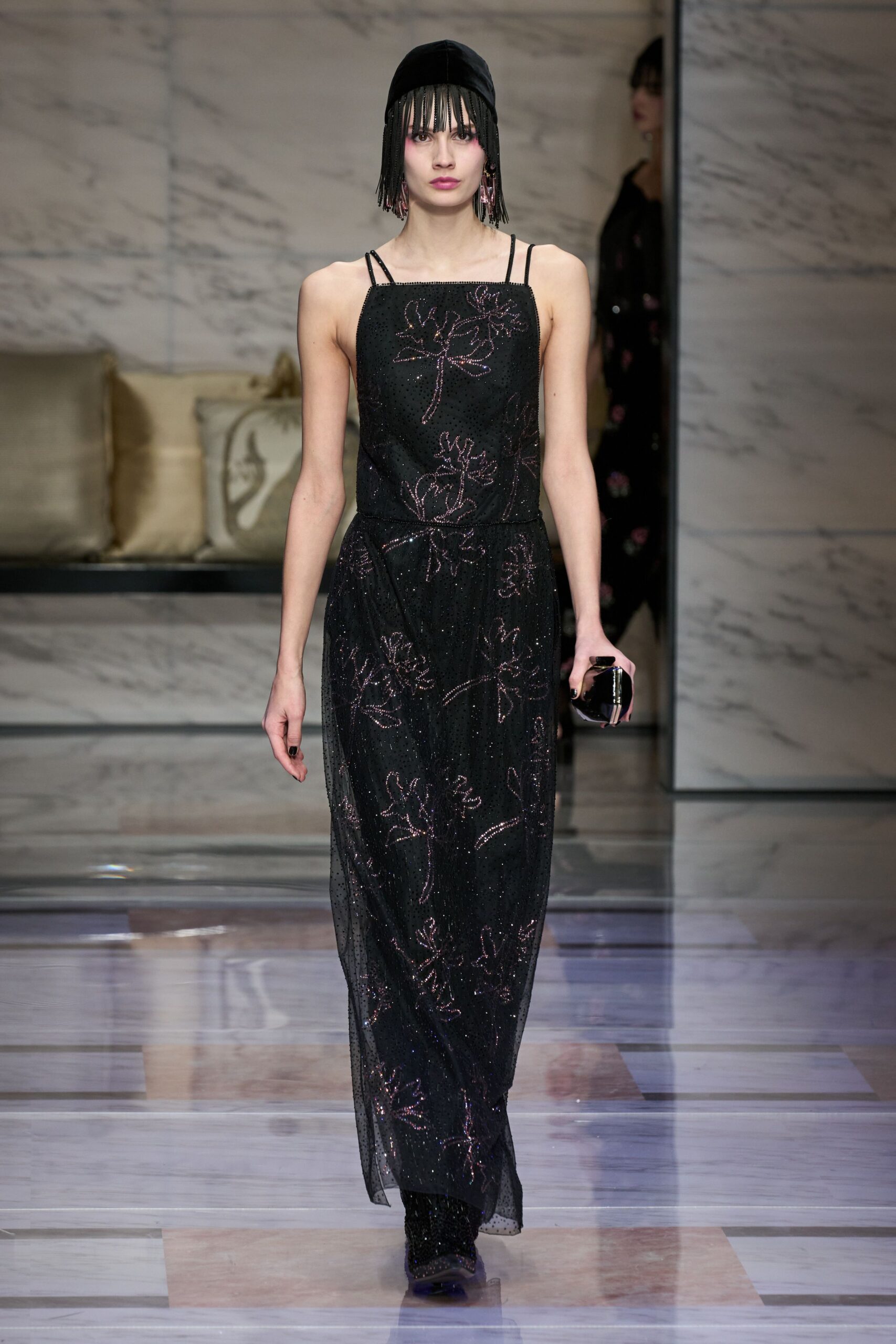 black sequin sleeveless spaghetti-strap fitted floral embellished maxi-dress