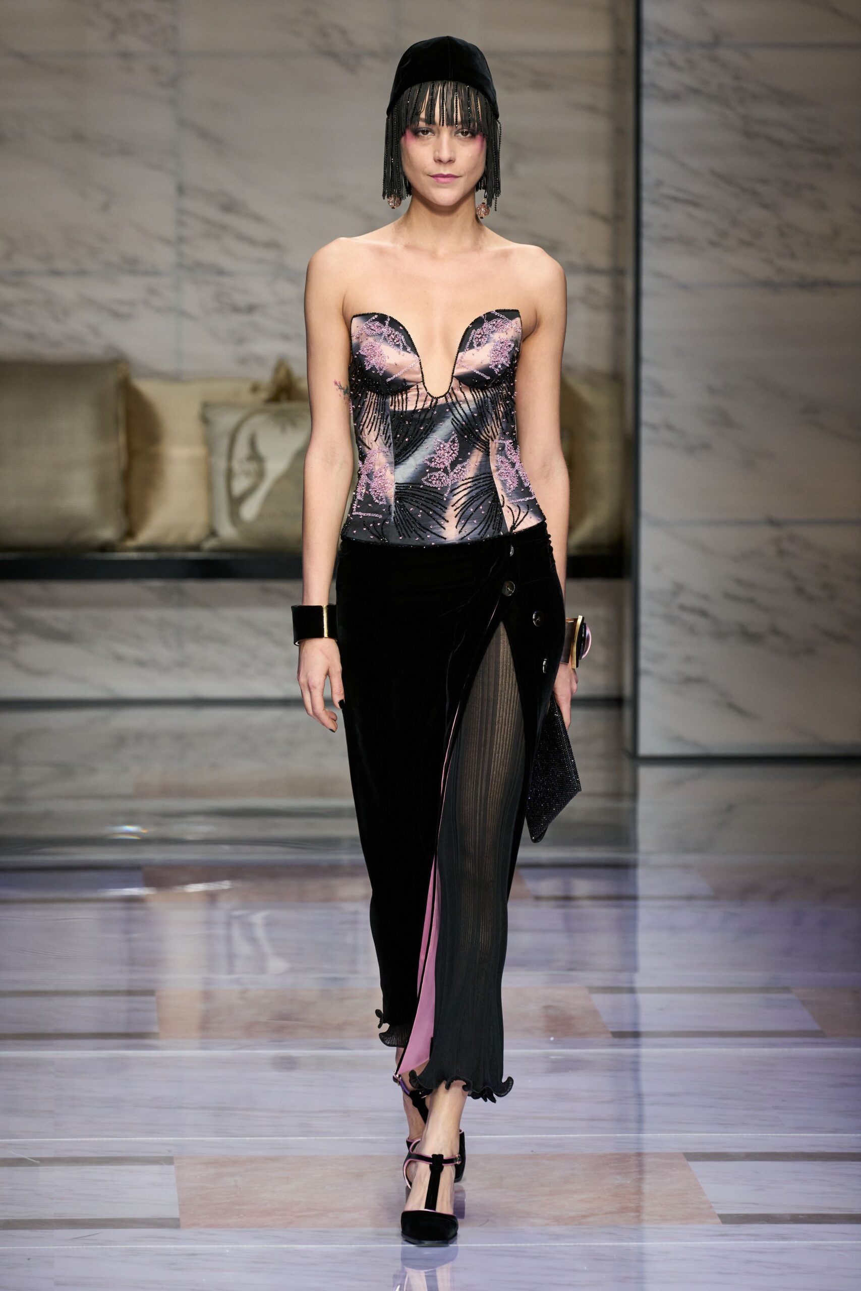 black silk strapless fitted ruched embellished sheer gown