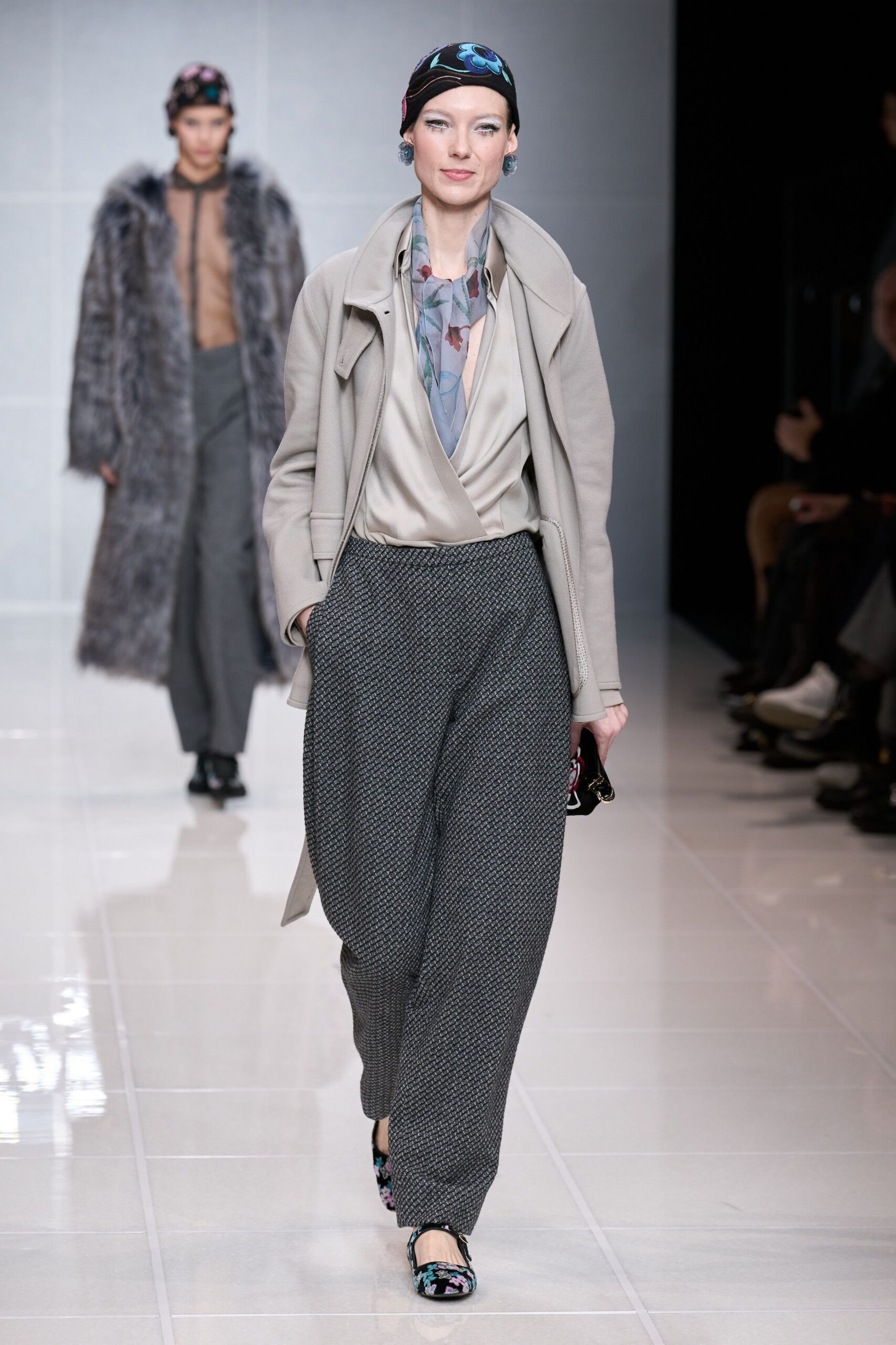 gray silk long-sleeve v-neck fitted blouse