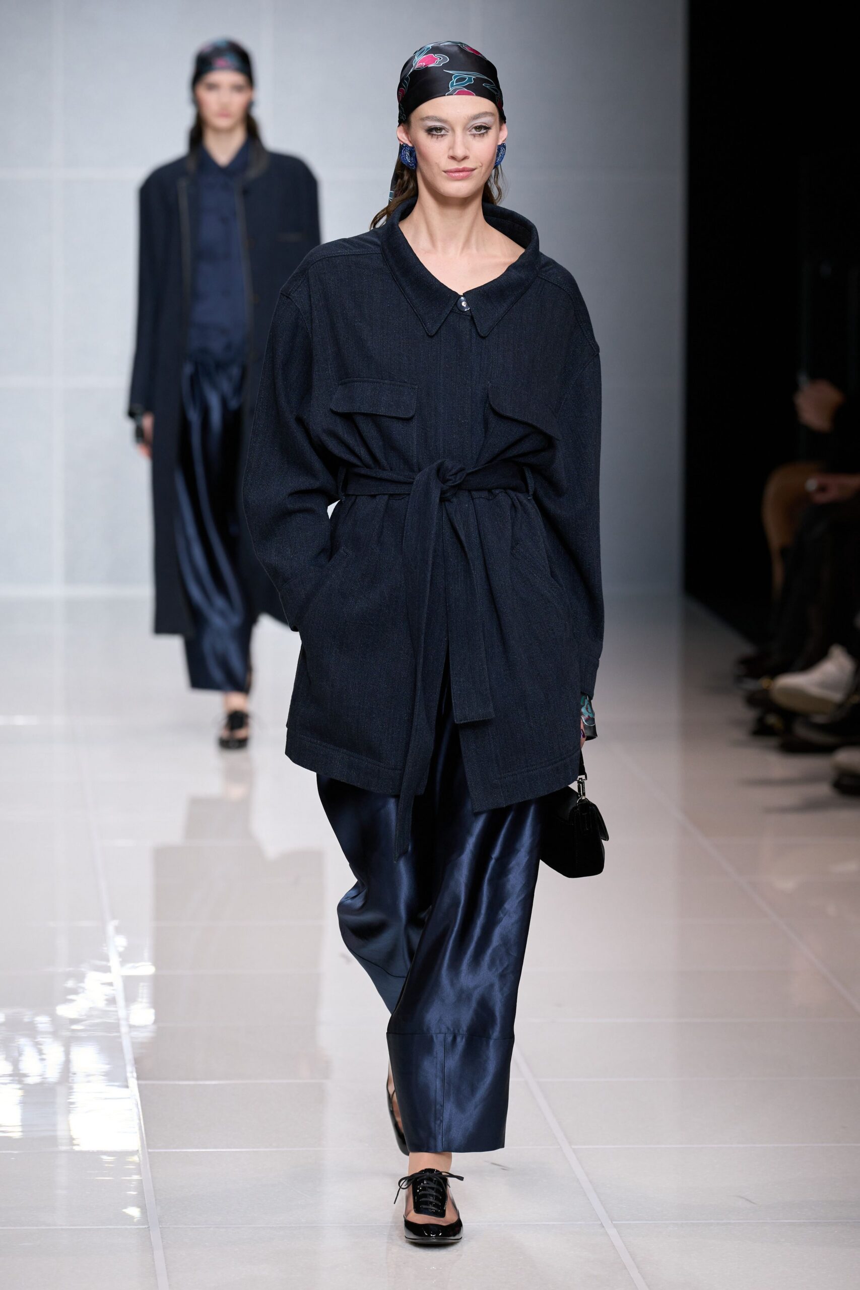 blue denim long-sleeve collared oversized belted jacket