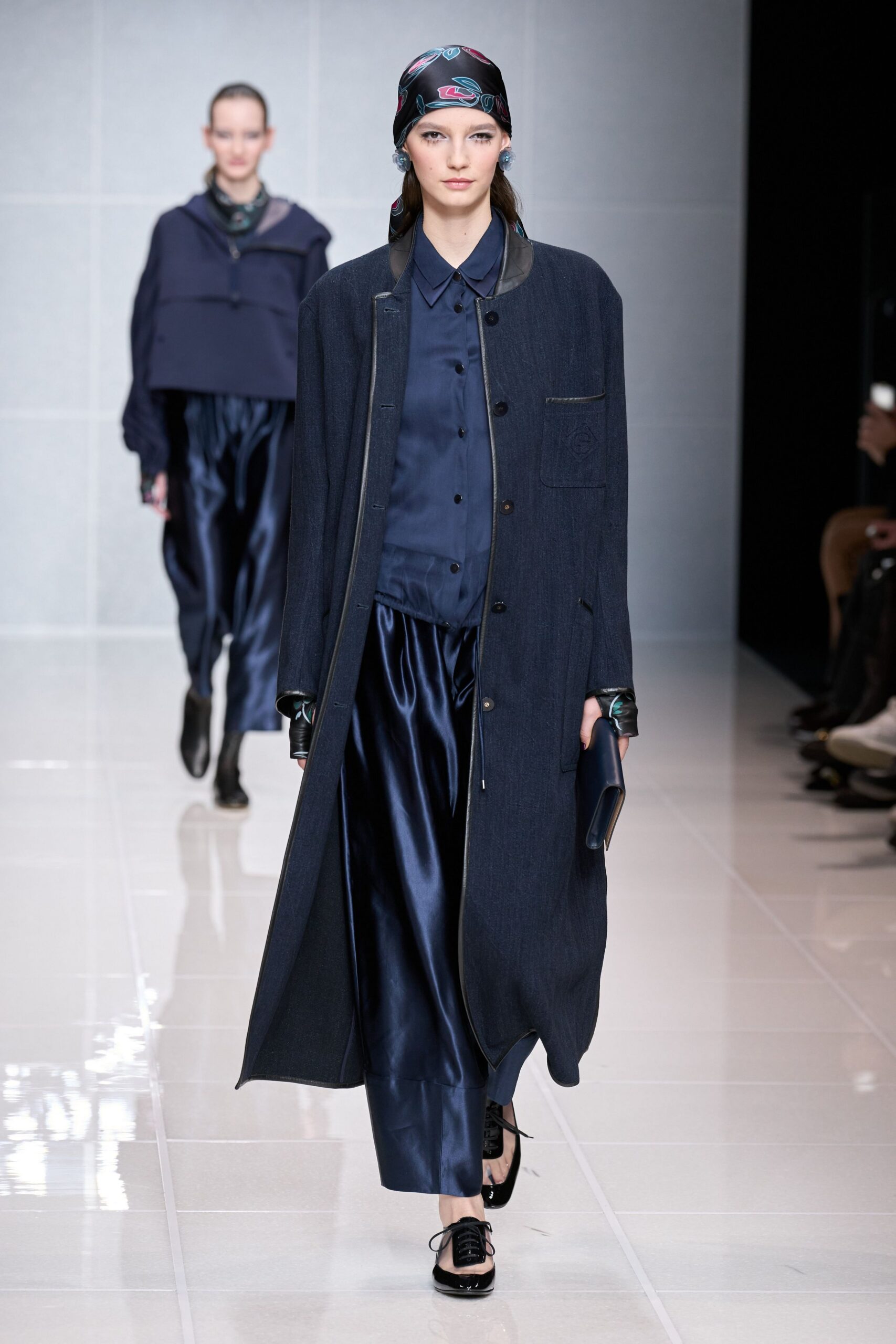 blue denim long-sleeve collared relaxed buttoned maxi coat