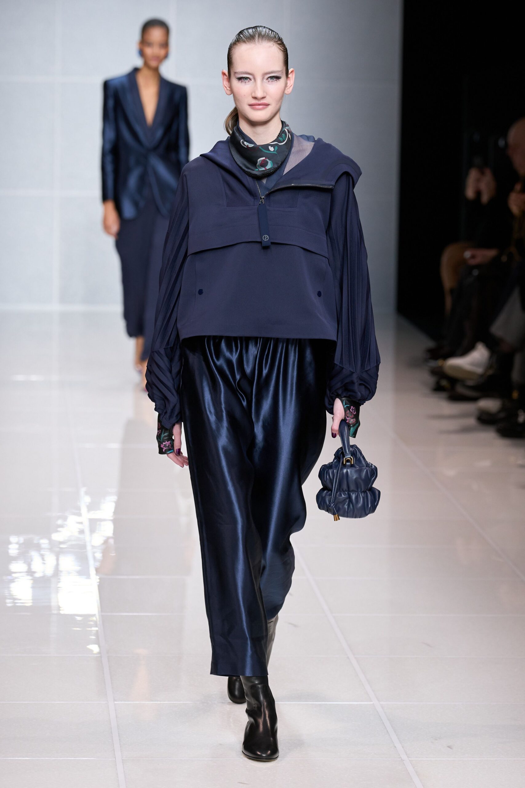 blue silk long-sleeve hooded relaxed pleated shiny top