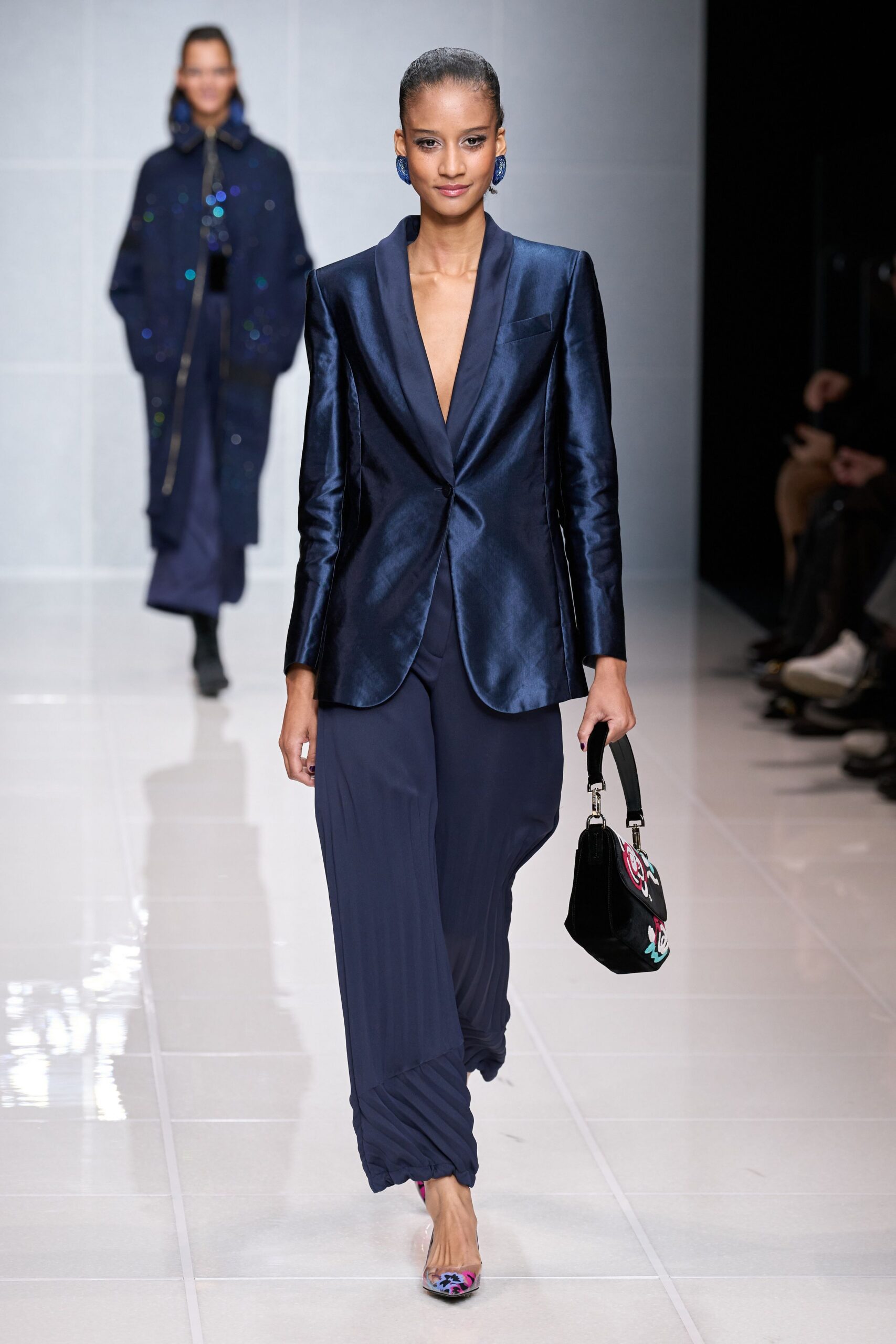 blue satin long-sleeve v-neck tailored structured shiny blazer