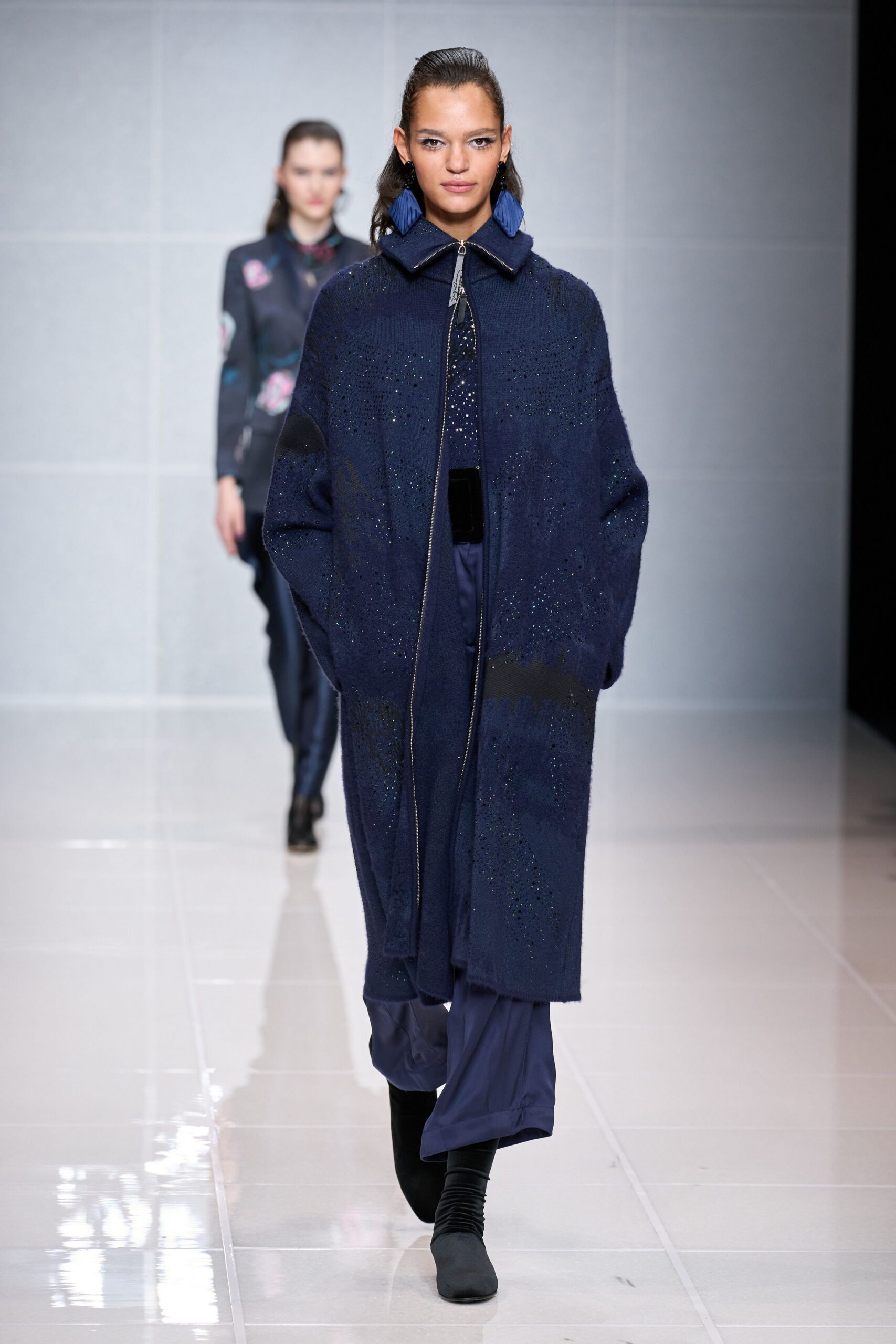 blue wool long-sleeve collared relaxed zippered maxi coat