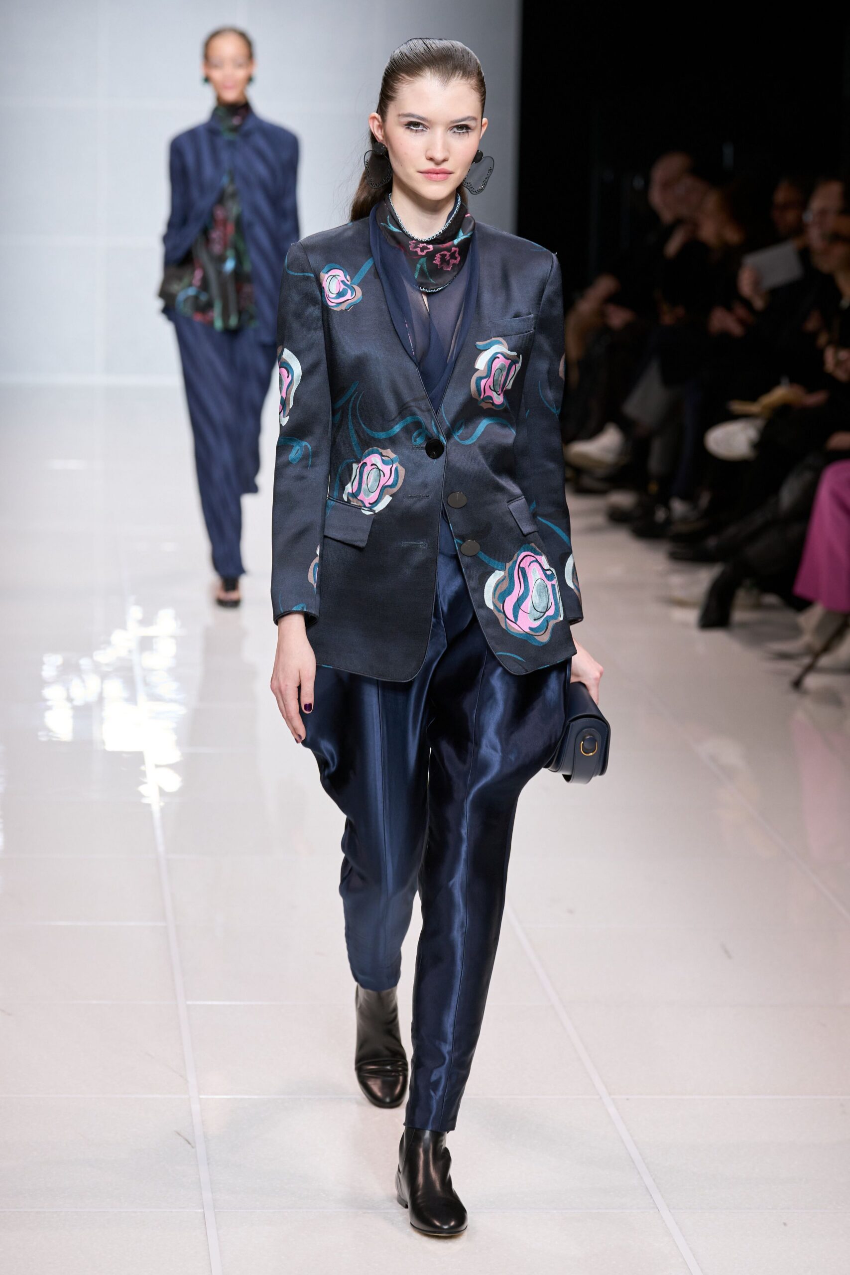 blue silk long-sleeve collared structured printed blazer