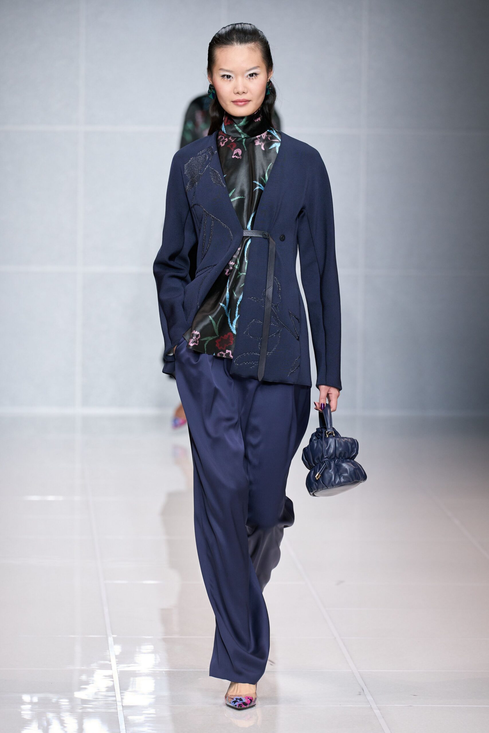 blue silk long-sleeve collared structured embroidered jacket