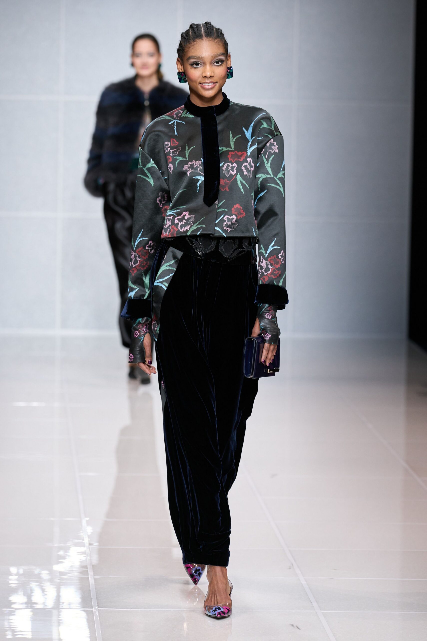 black velvet long-sleeve collared relaxed floral embroidered top