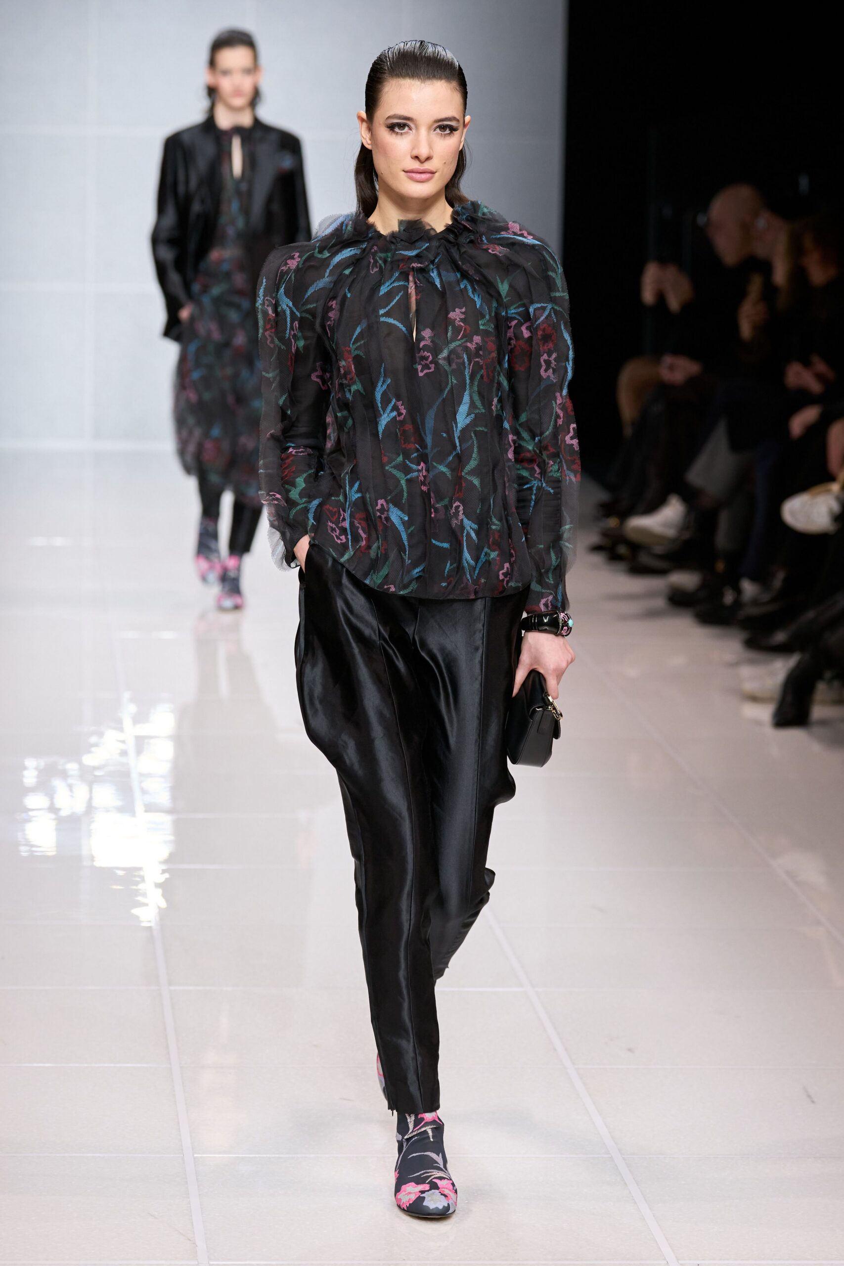 black silk long-sleeve collared relaxed floral ruffled top