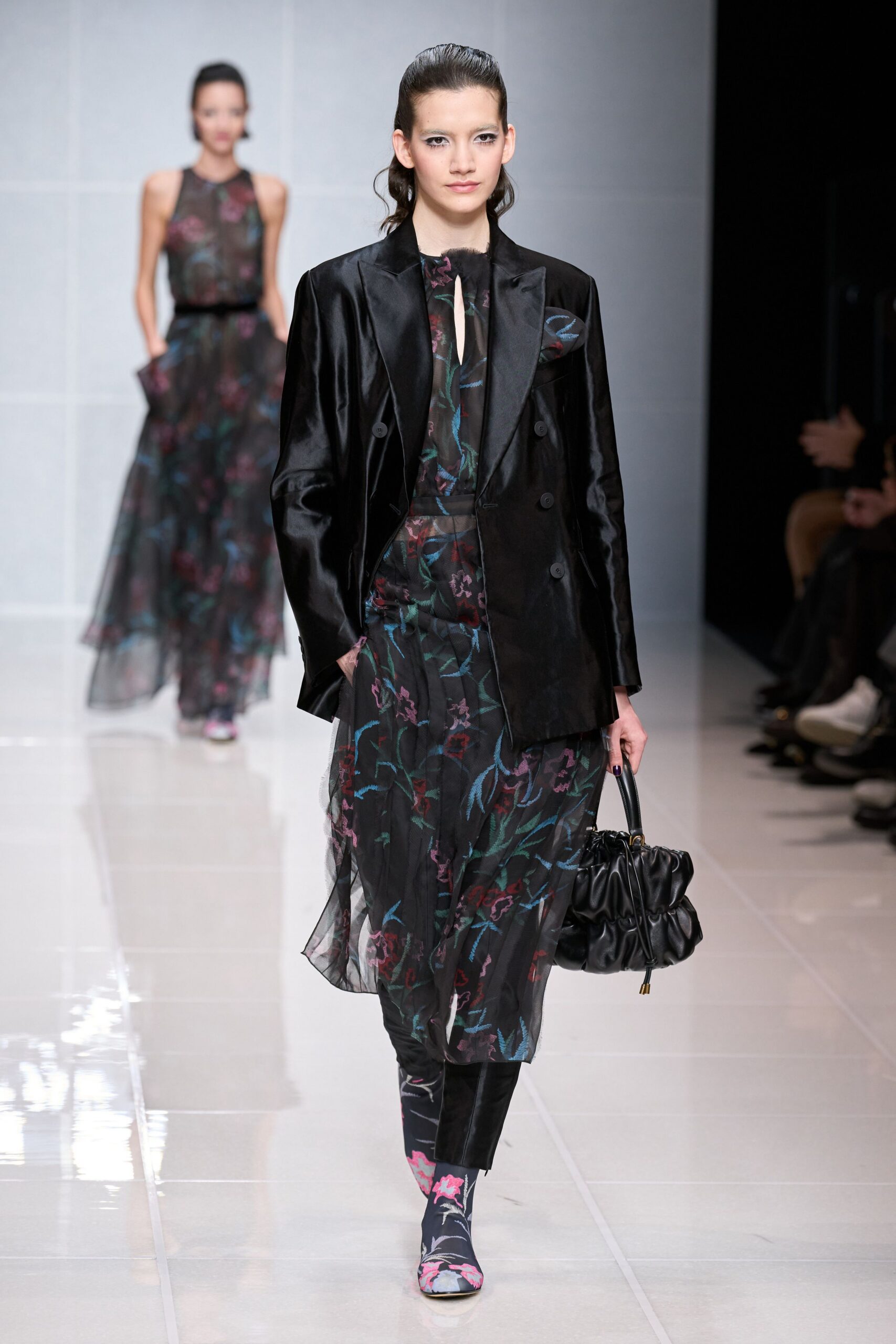 black silk long-sleeve collared structured buttoned blazer