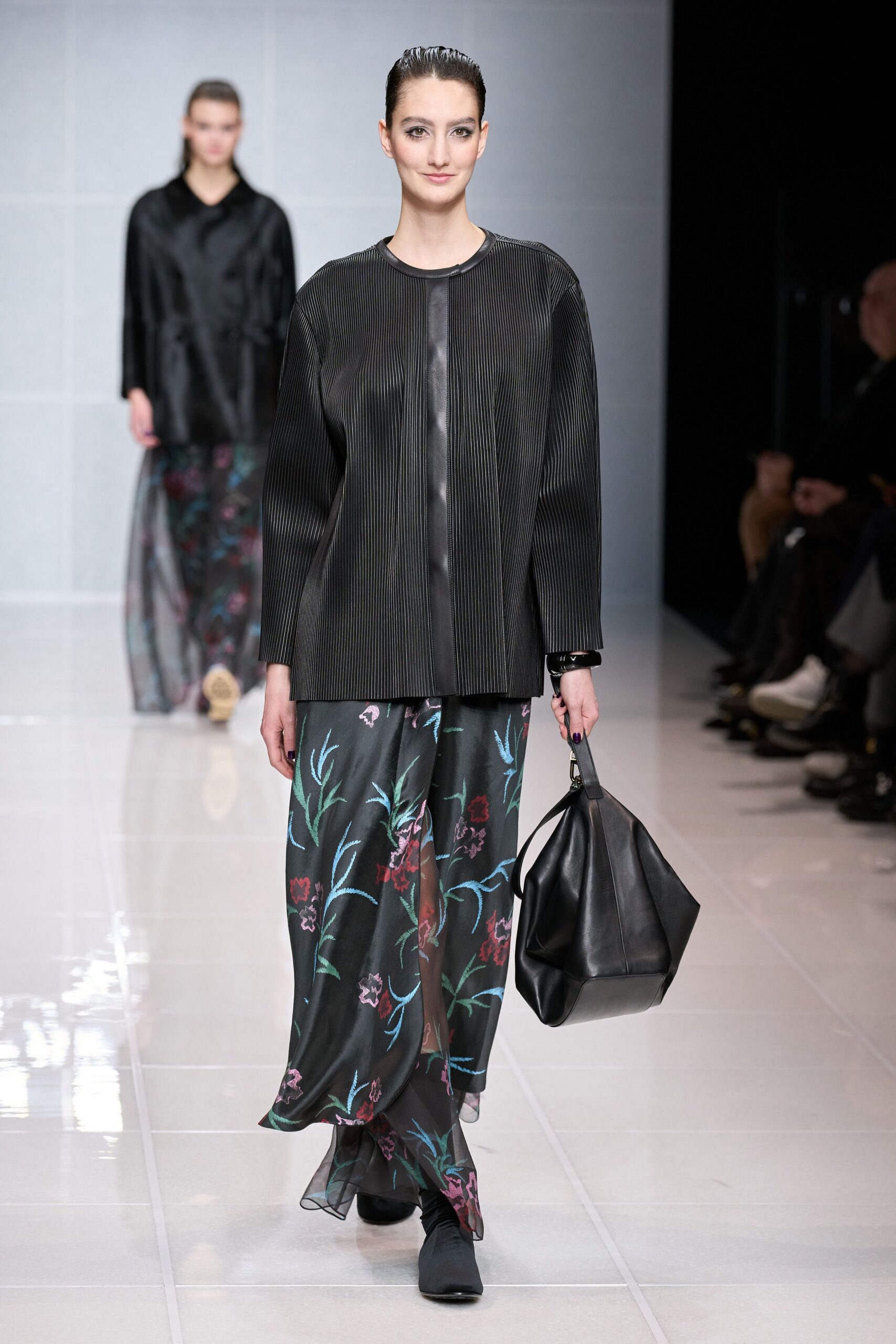 black silk fitted floral flared flowing maxi skirt