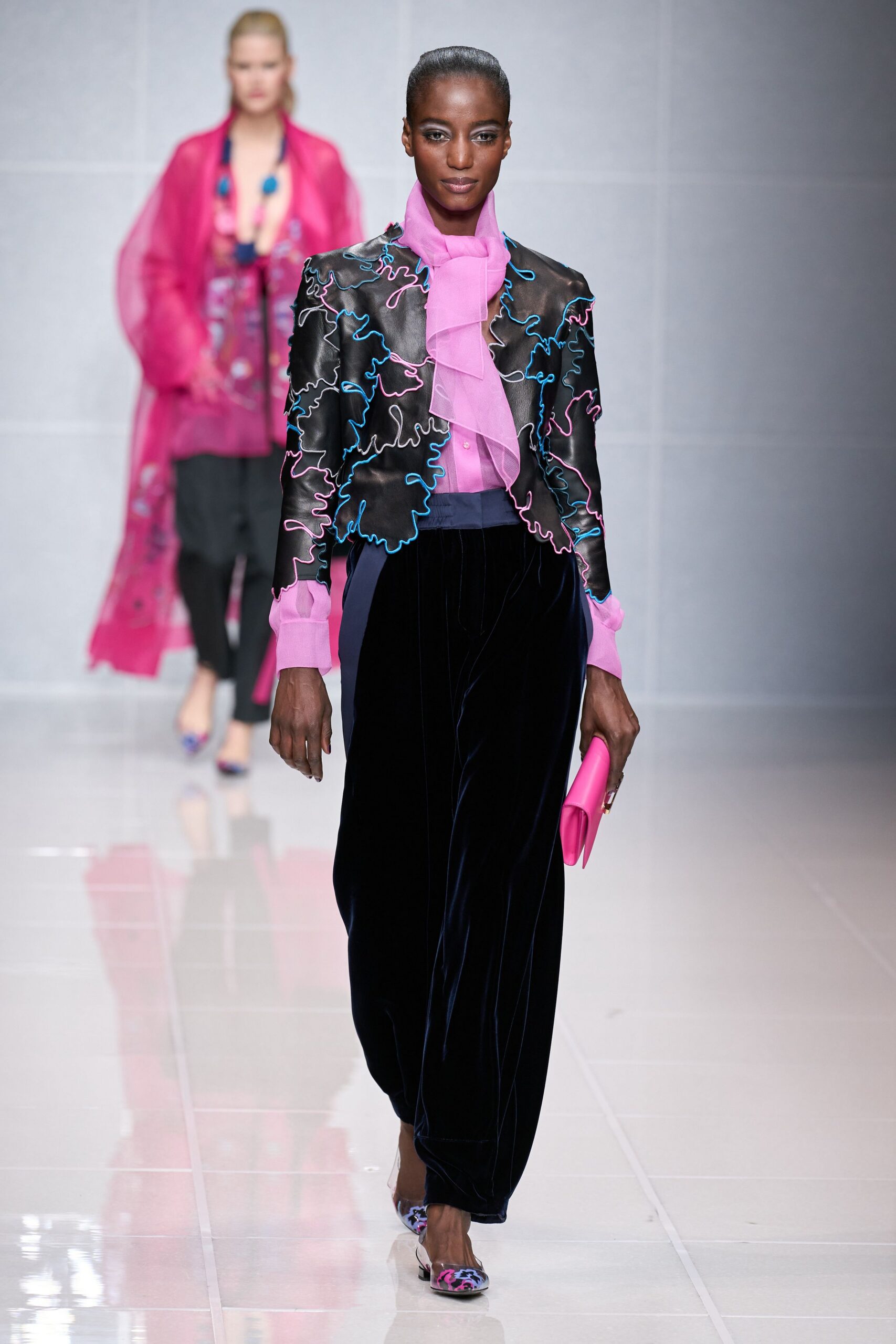 black velvet pants with embroidered jacket