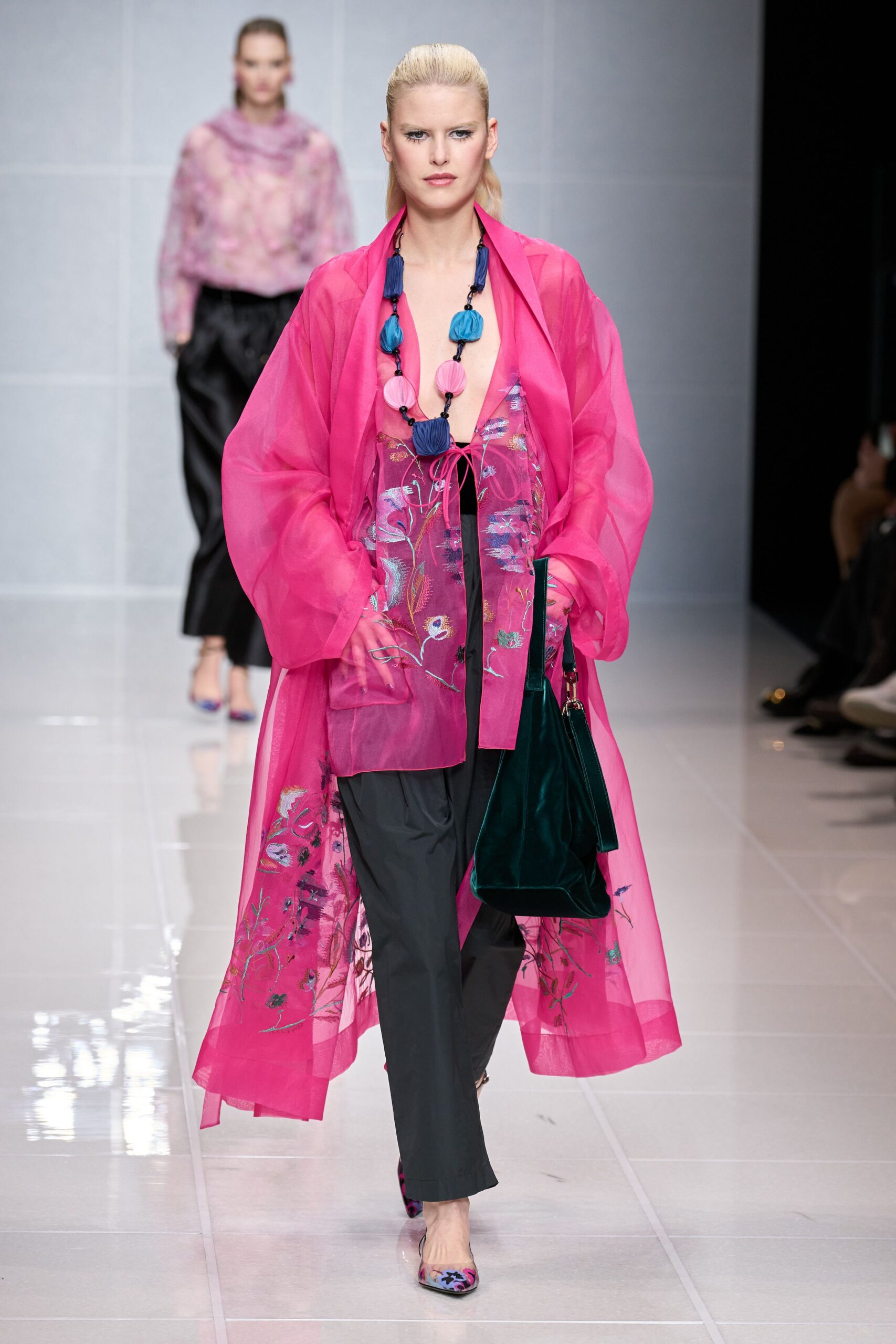 pink silk long-sleeve relaxed embroidered flowing coat