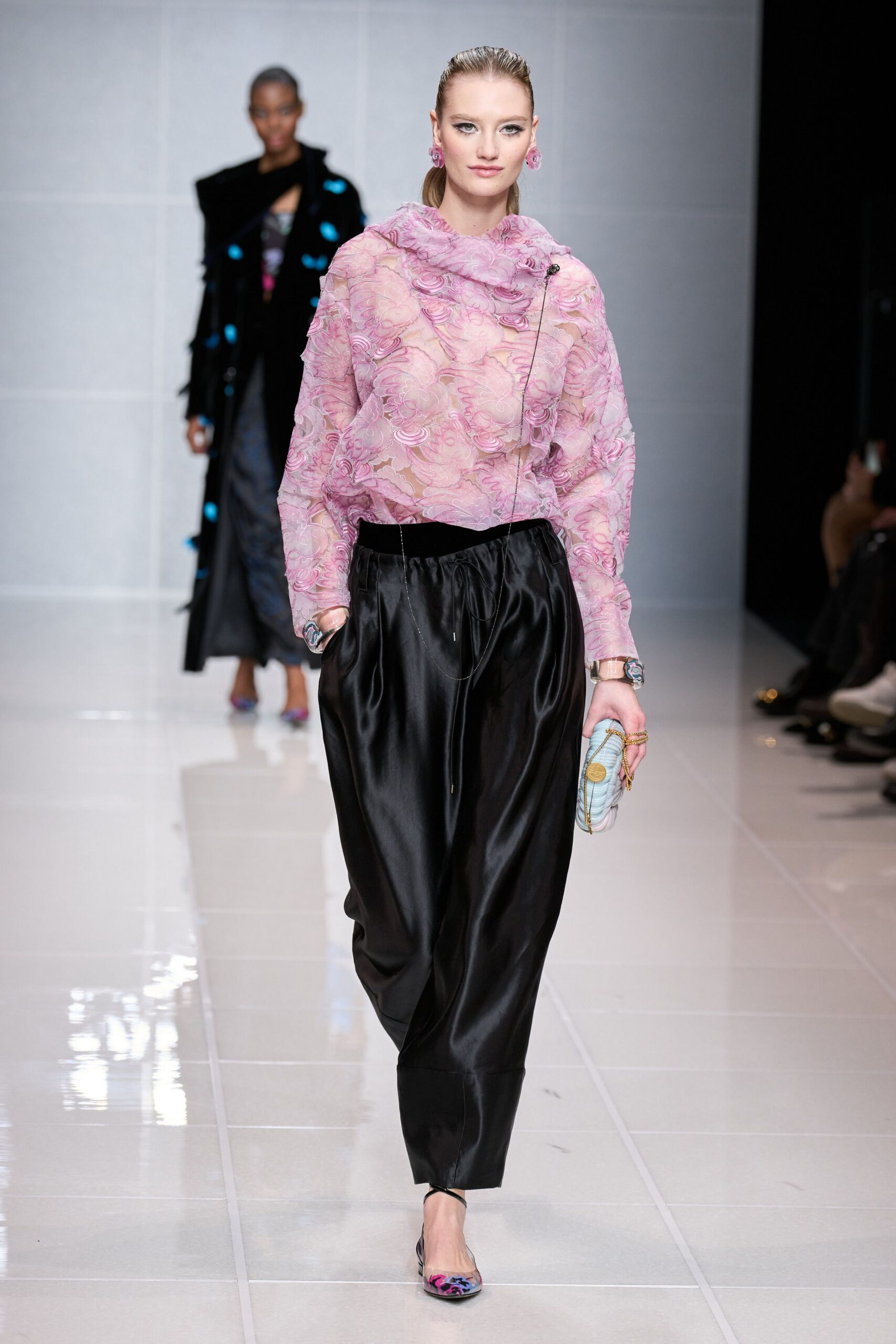 pink silk long-sleeve high-neck relaxed embroidered sheer top