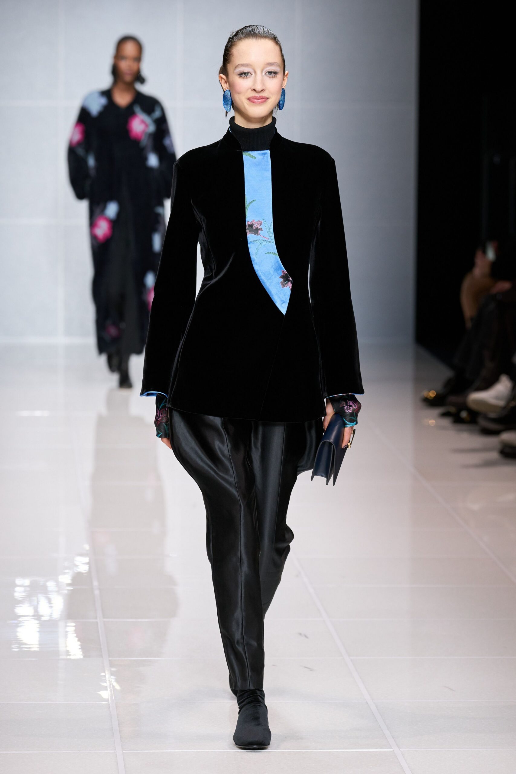 black velvet long-sleeve high-neck structured color-blocked blazer