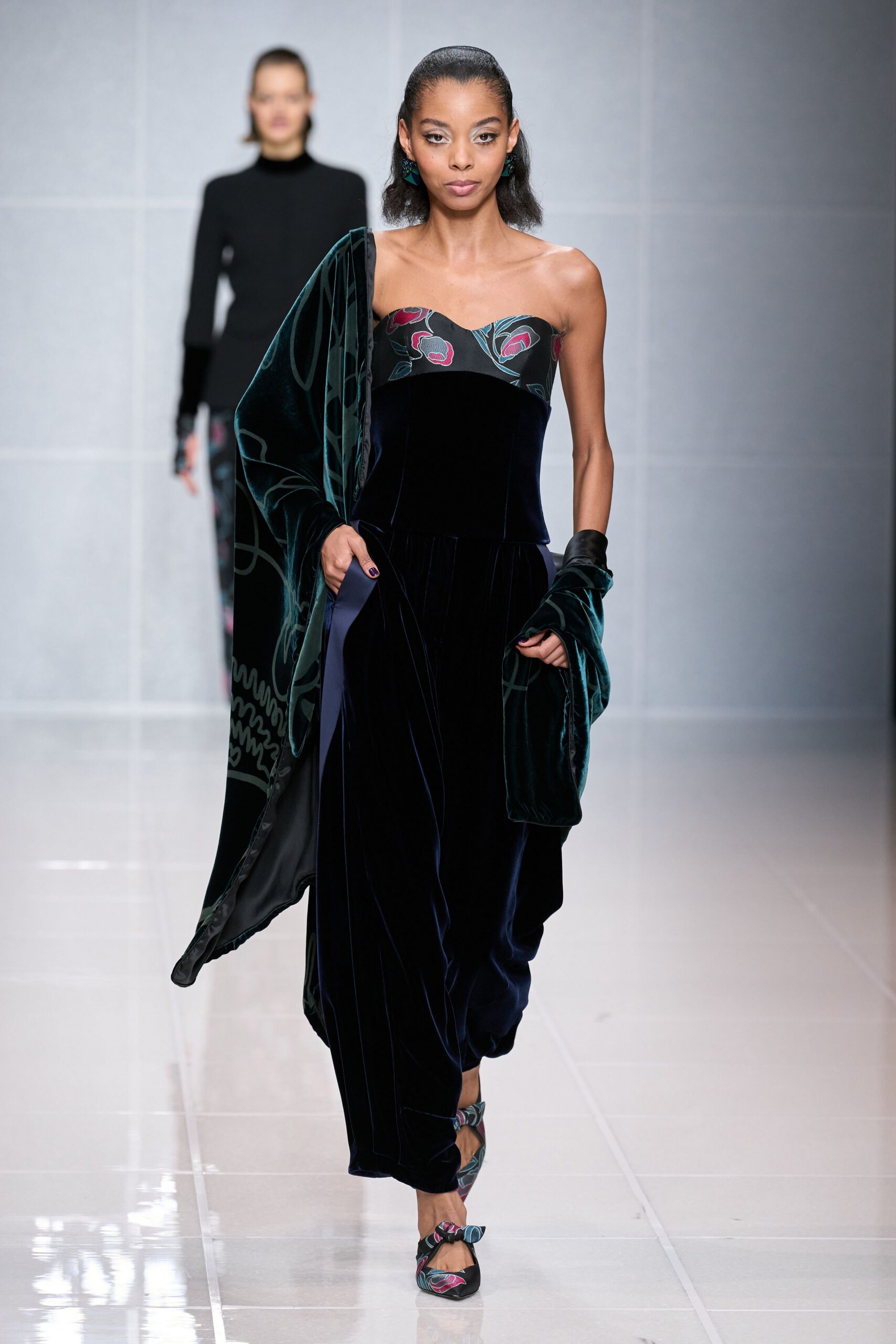 black velvet strapless fitted embellished maxi gown