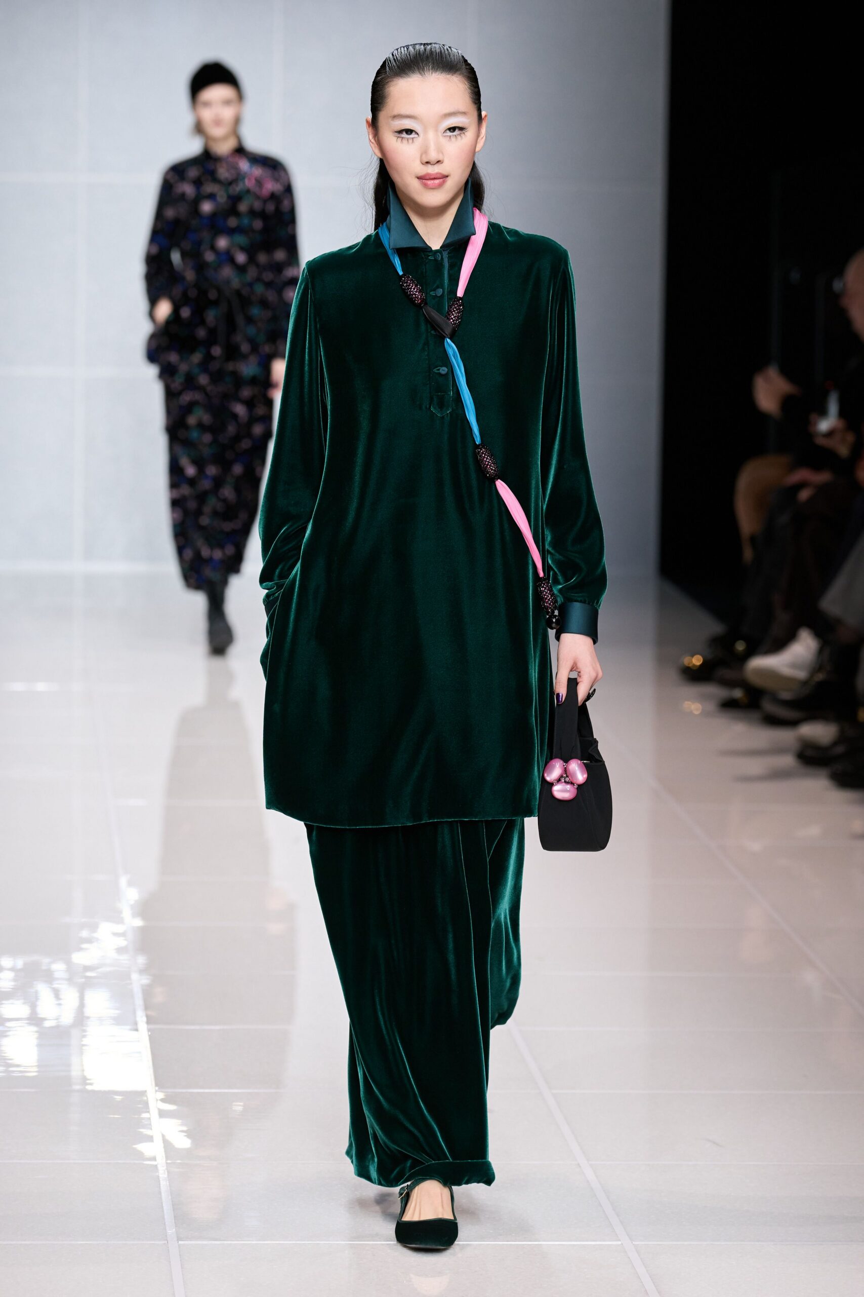 green velvet long-sleeve collared relaxed pockets shiny dress