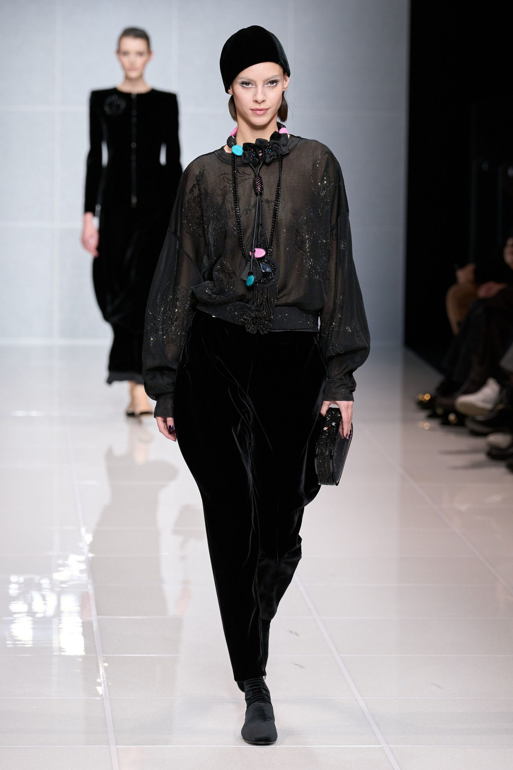 black silk long-sleeve v-neck relaxed draped blouse