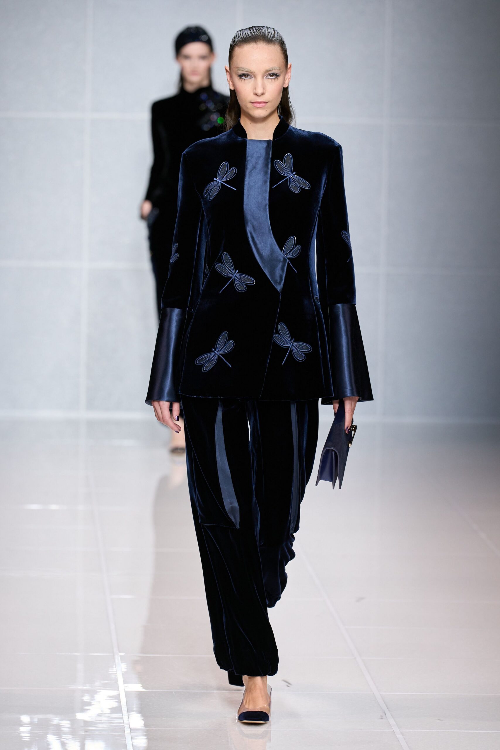 blue velvet long-sleeve collared structured embroidered blazer