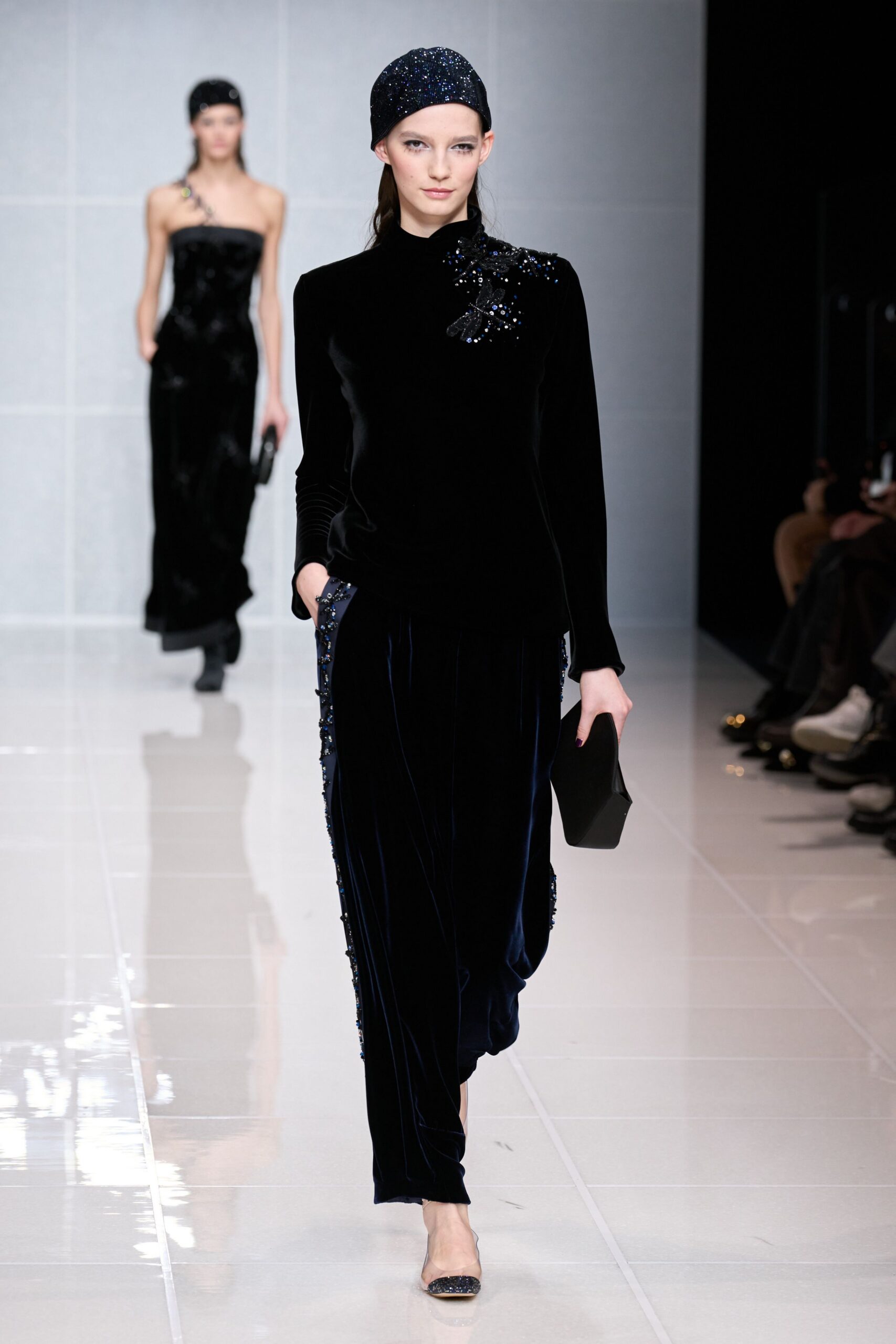 black velvet long-sleeve high-neck fitted embellished top
