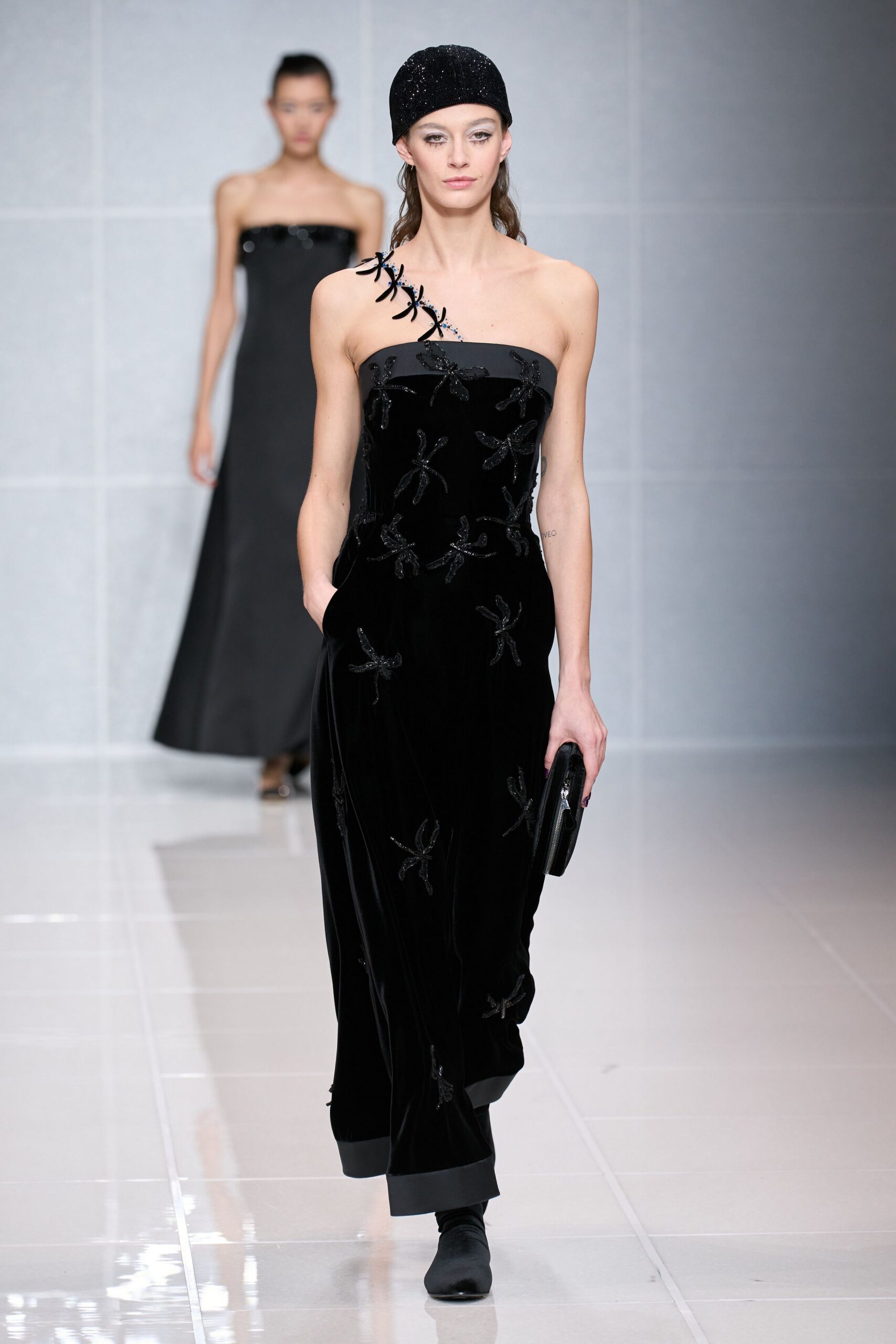 black velvet strapless fitted embroidered maxi gown