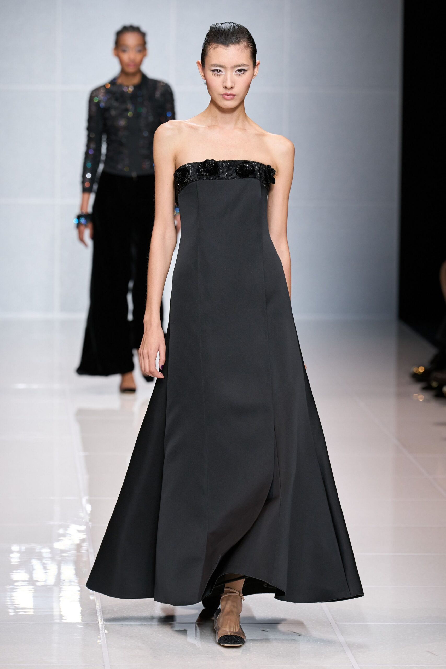 black silk strapless fitted draped maxi gown