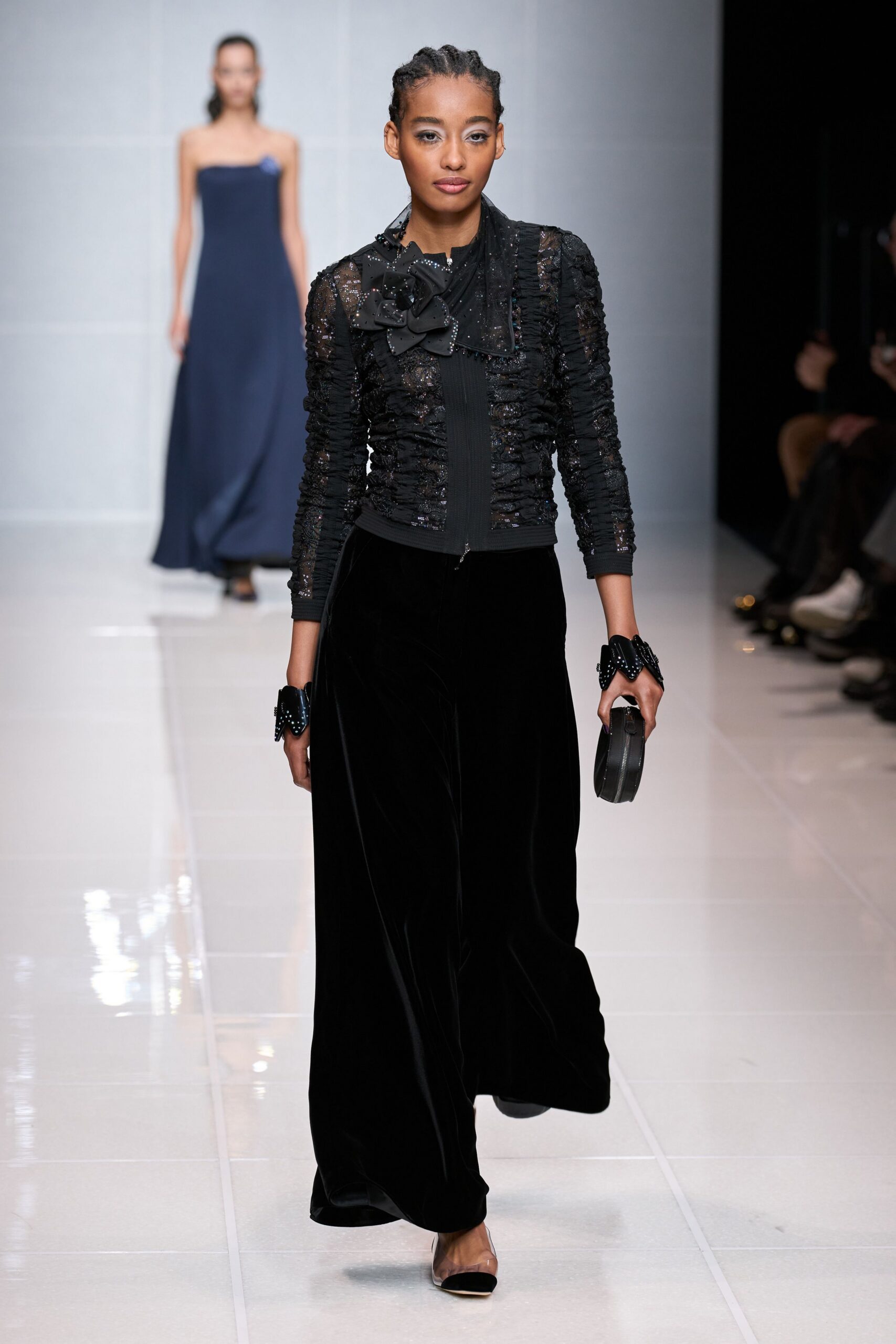 black silk long-sleeve collared fitted ruffled beaded jacket