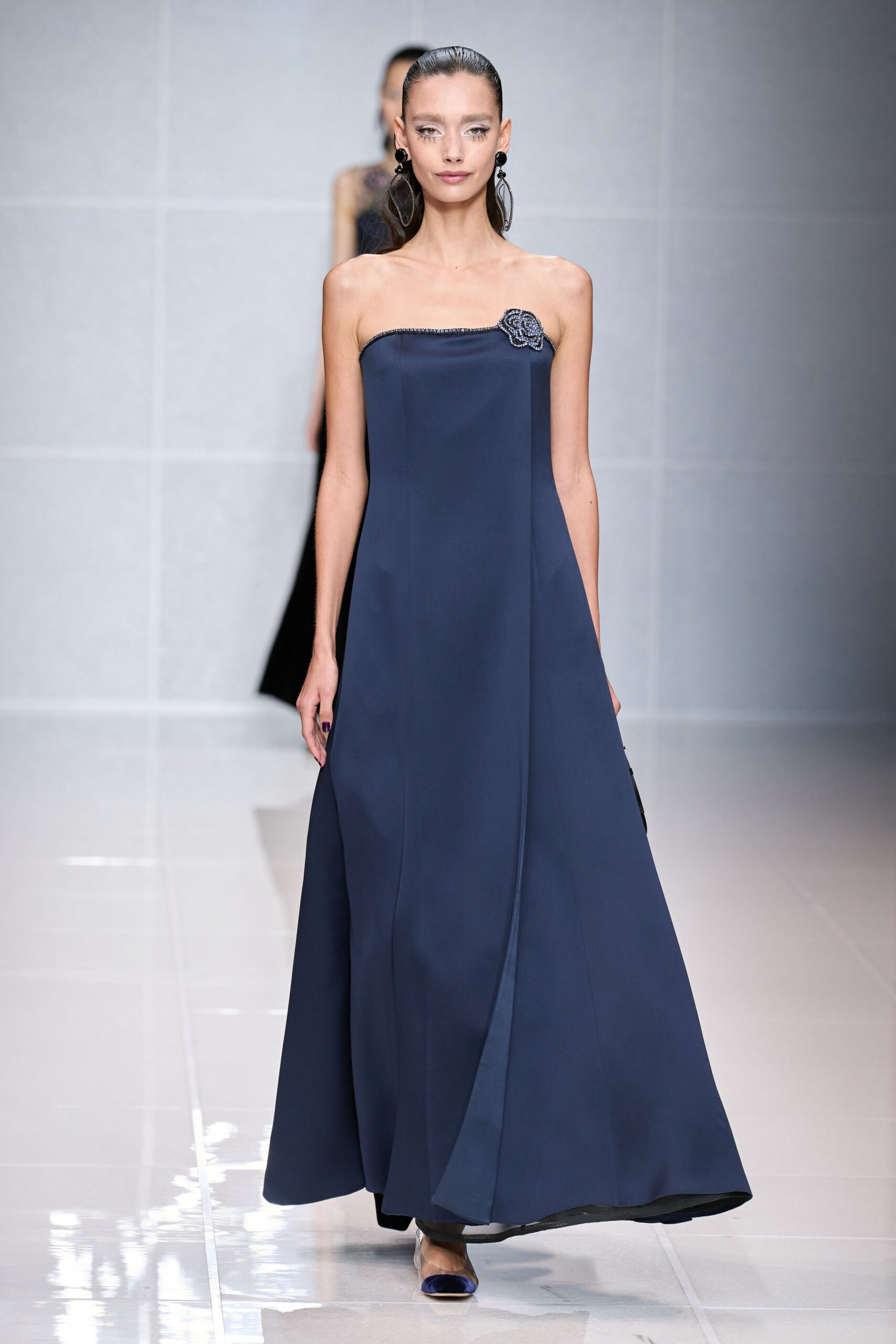 blue silk strapless fitted flowing maxi gown