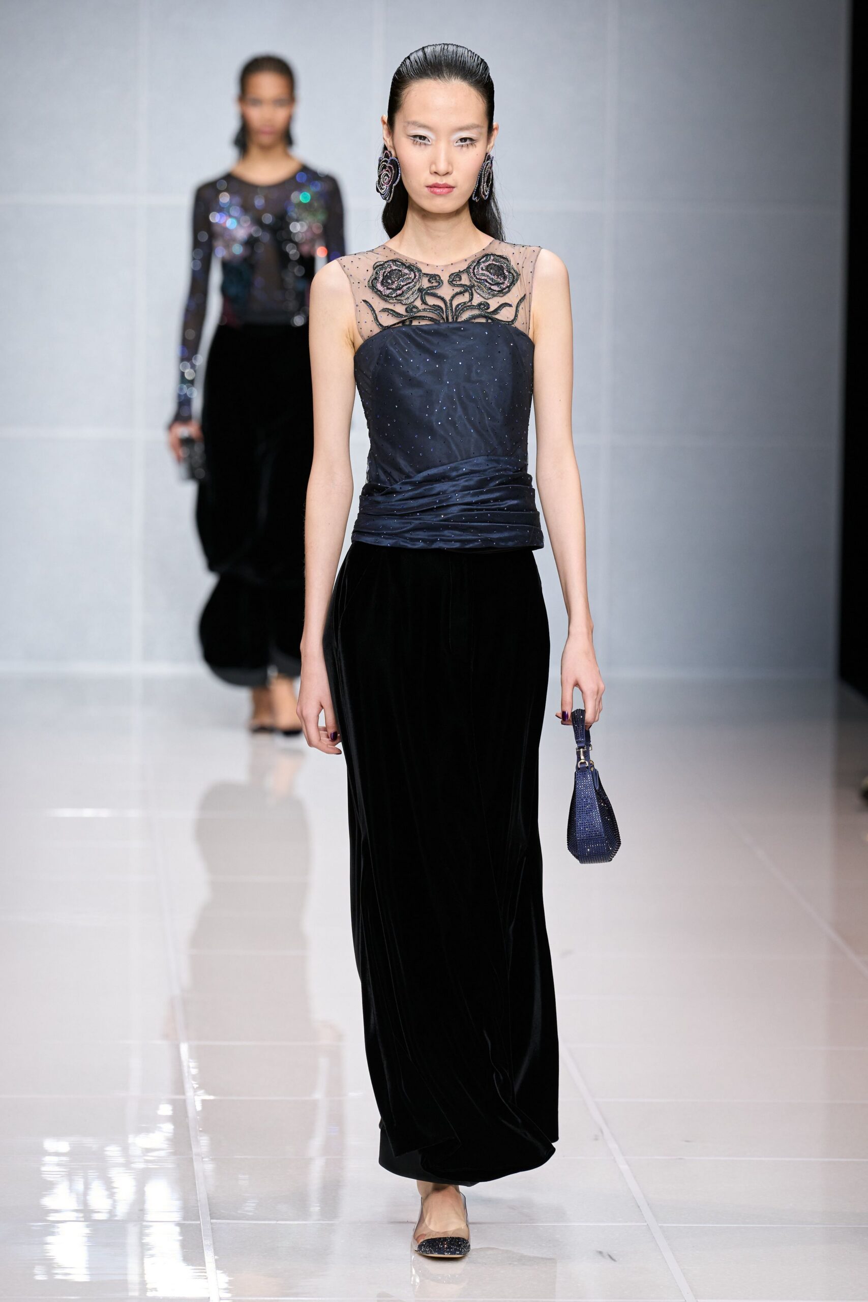 black velvet fitted straight-leg maxi skirt