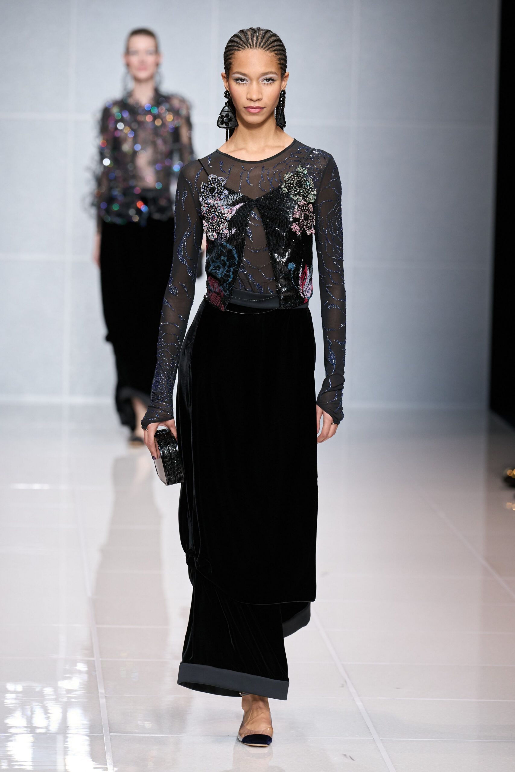 black silk long-sleeve v-neck fitted embroidered sheer top