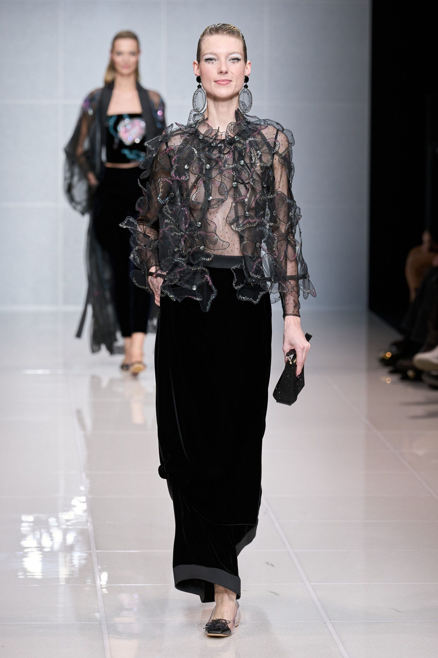 black lace long-sleeve collared relaxed ruffled sheer top