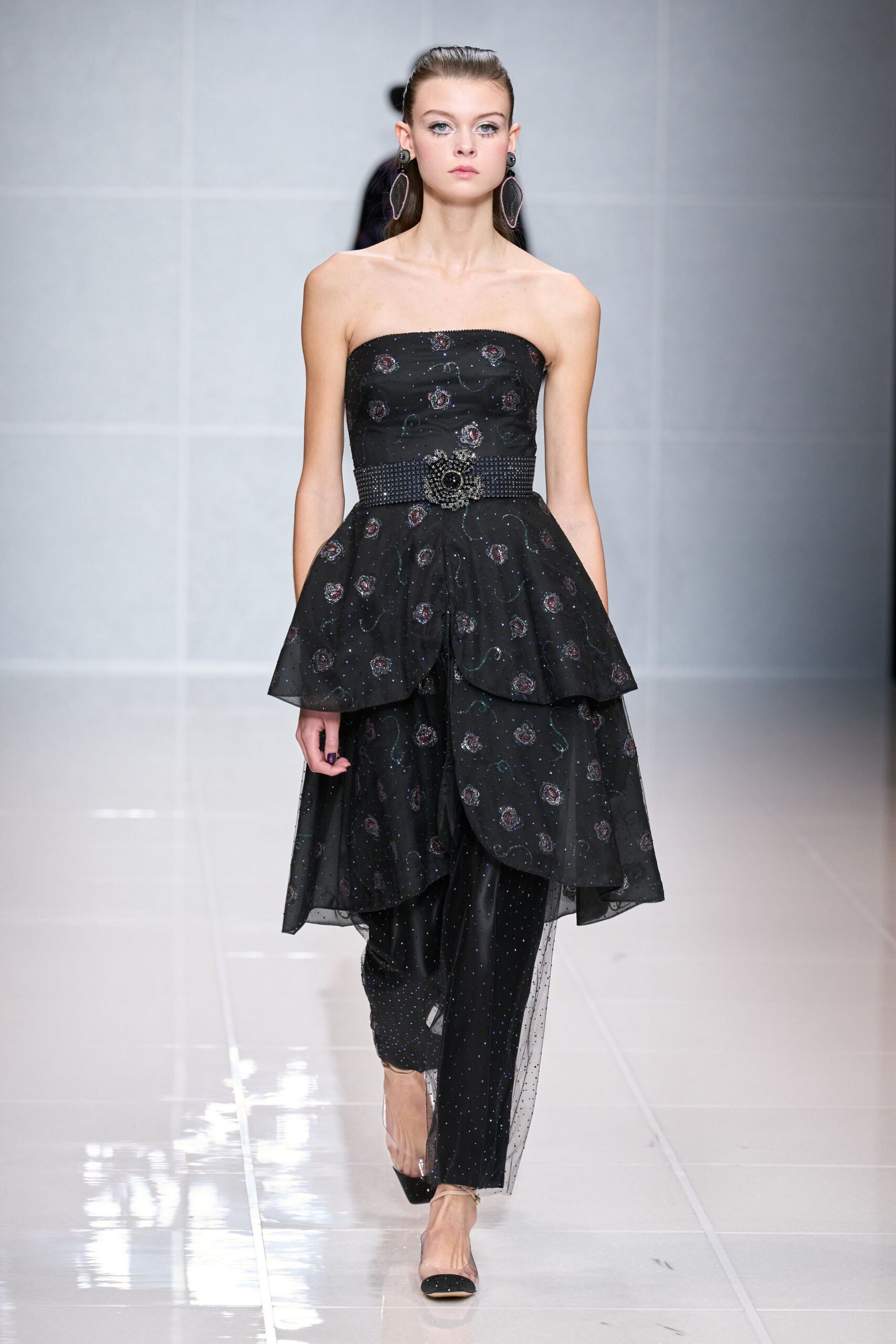 black silk strapless fitted layered flared midi dress
