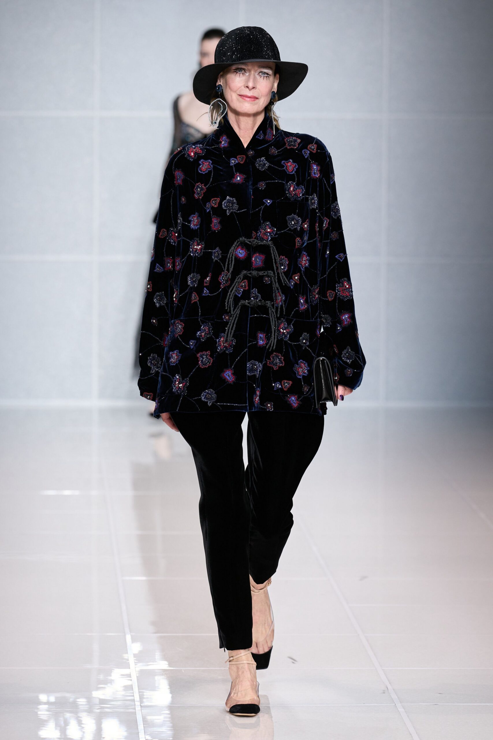 black velvet long-sleeve collared relaxed embroidered shirt