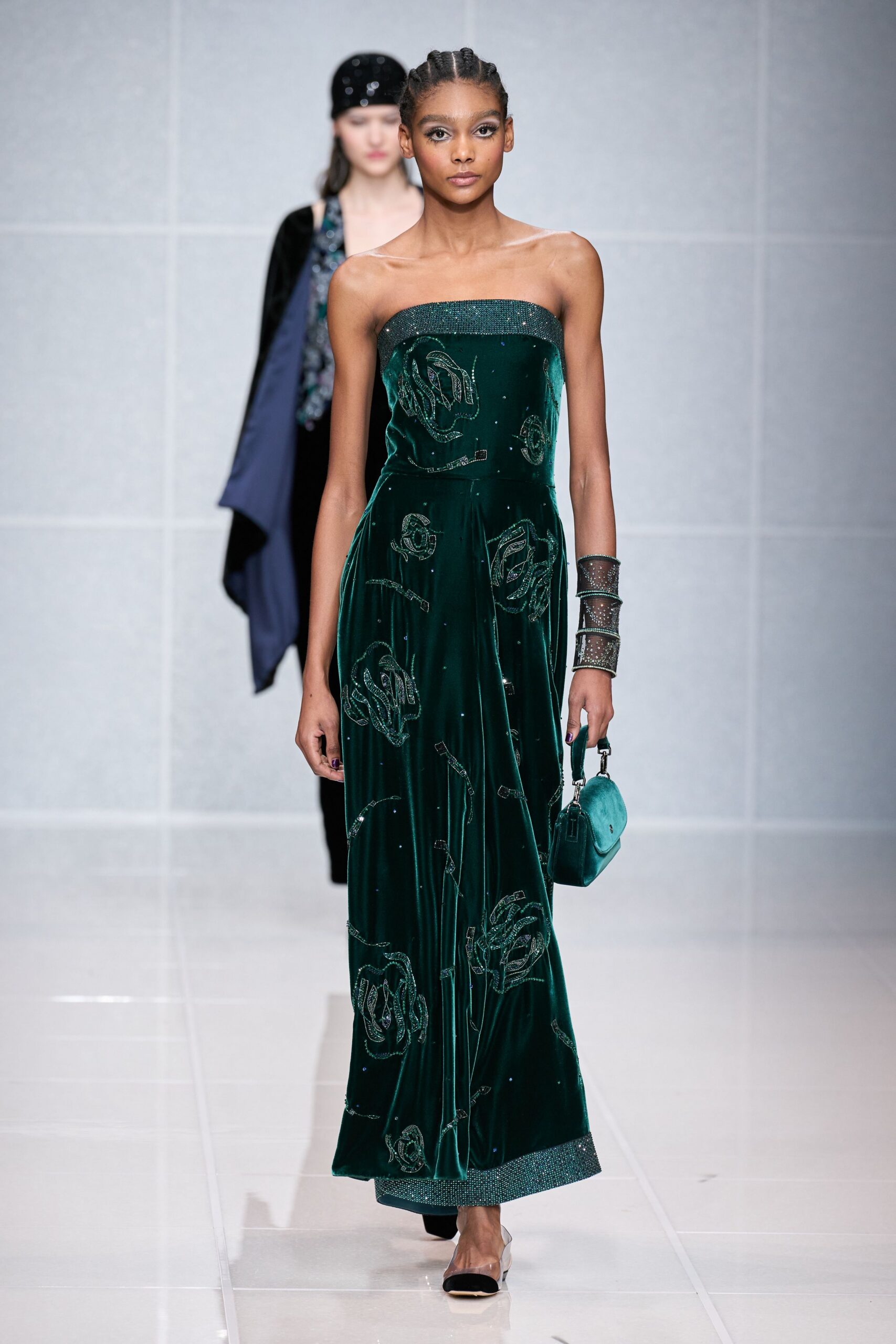 green velvet strapless gown
