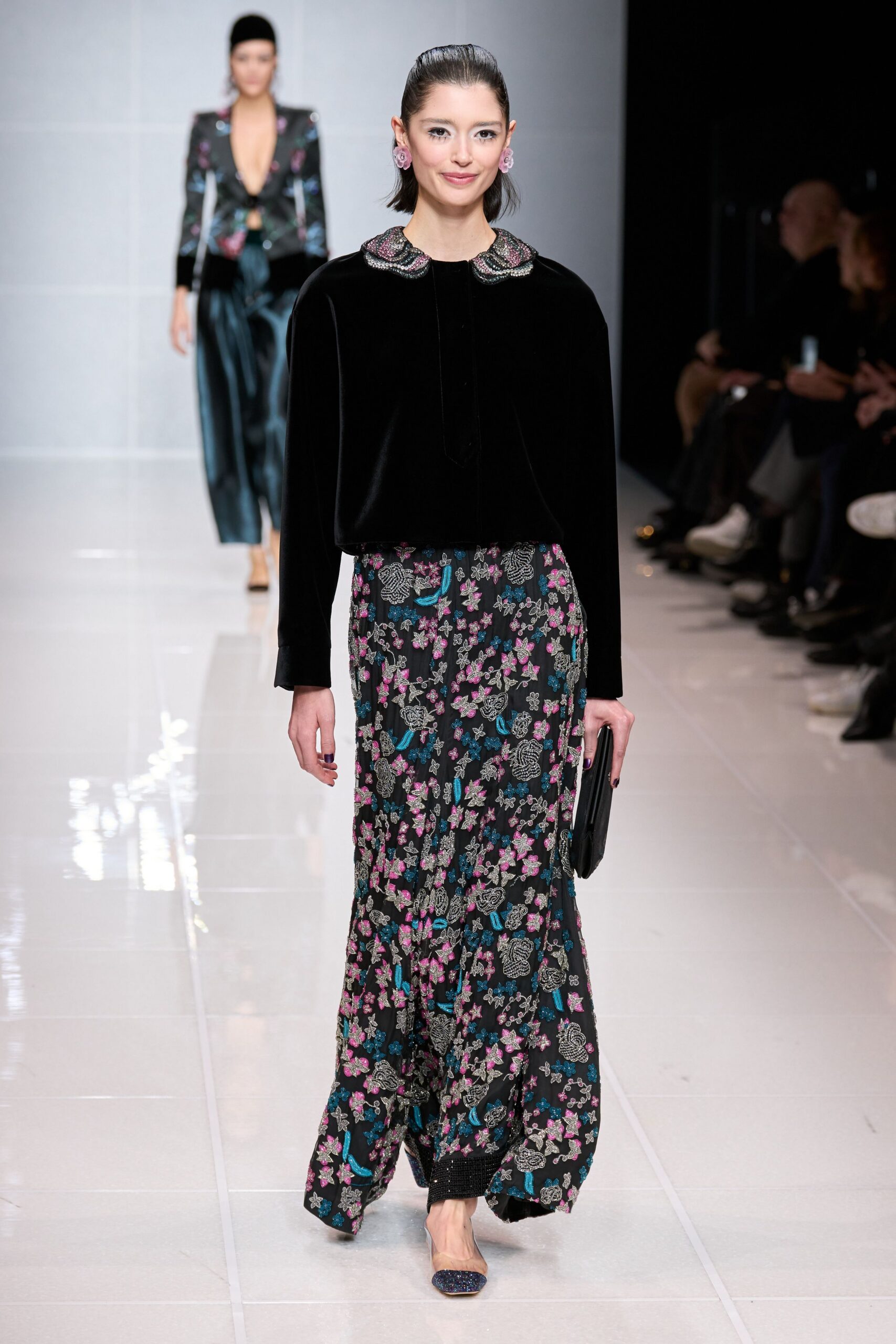 black silk long-sleeve collared fitted floral tiered dress