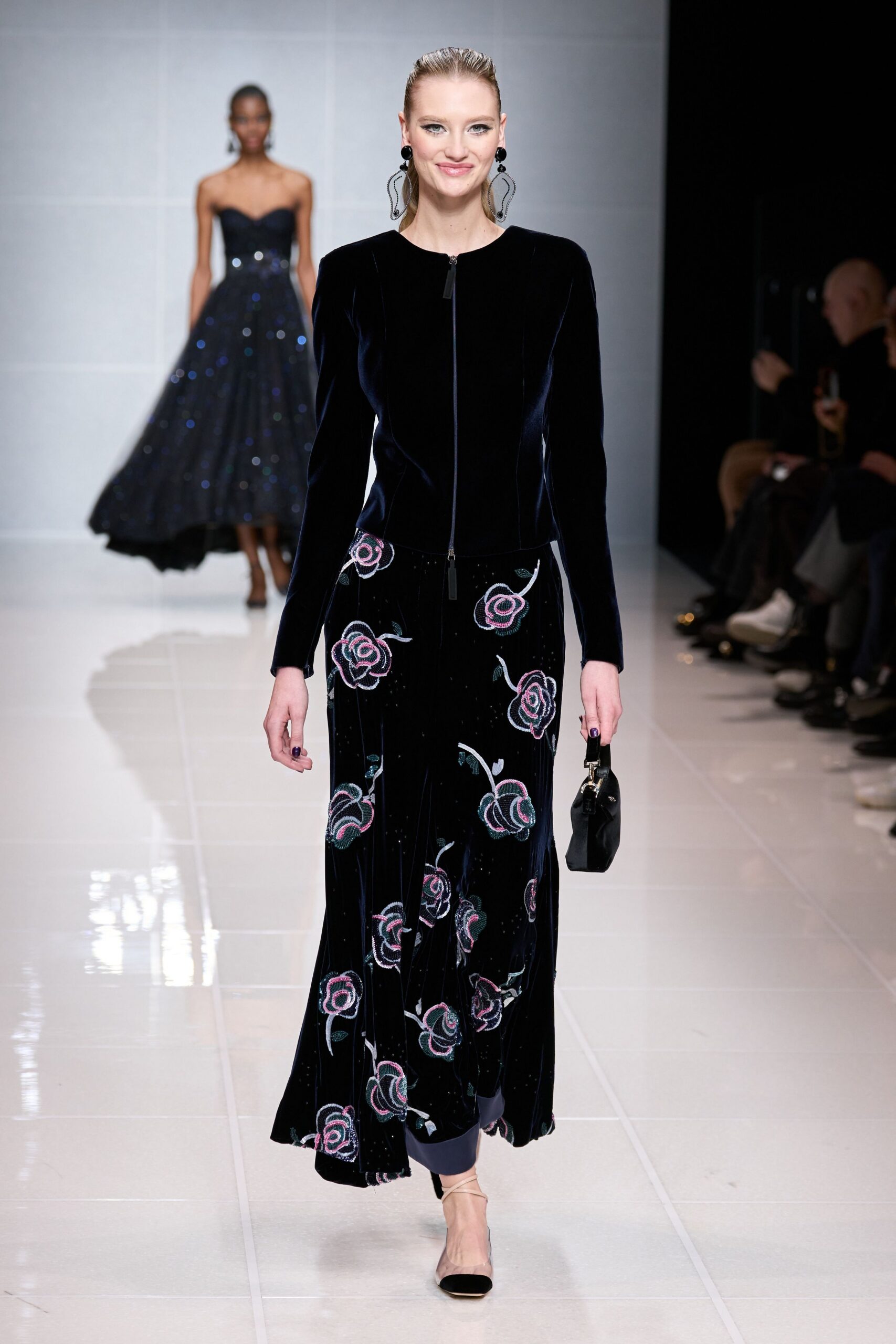 black velvet long-sleeve v-neck fitted flared embroidered dress