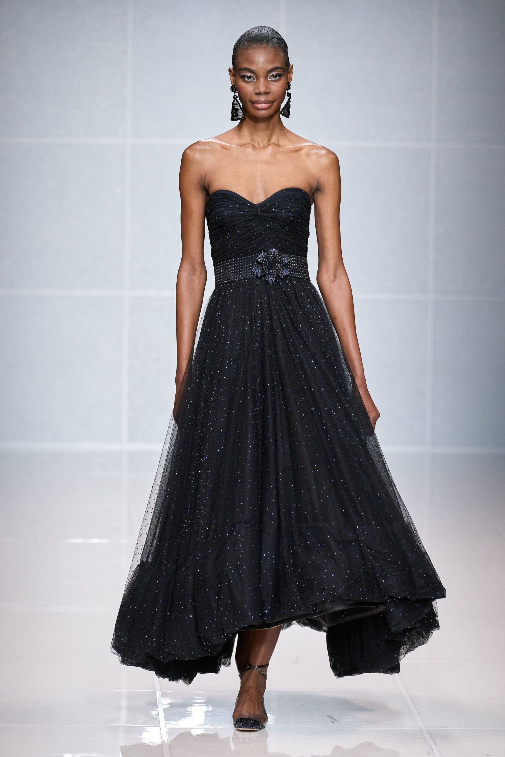 black tulle strapless high-neck fitted pleated embellished gown