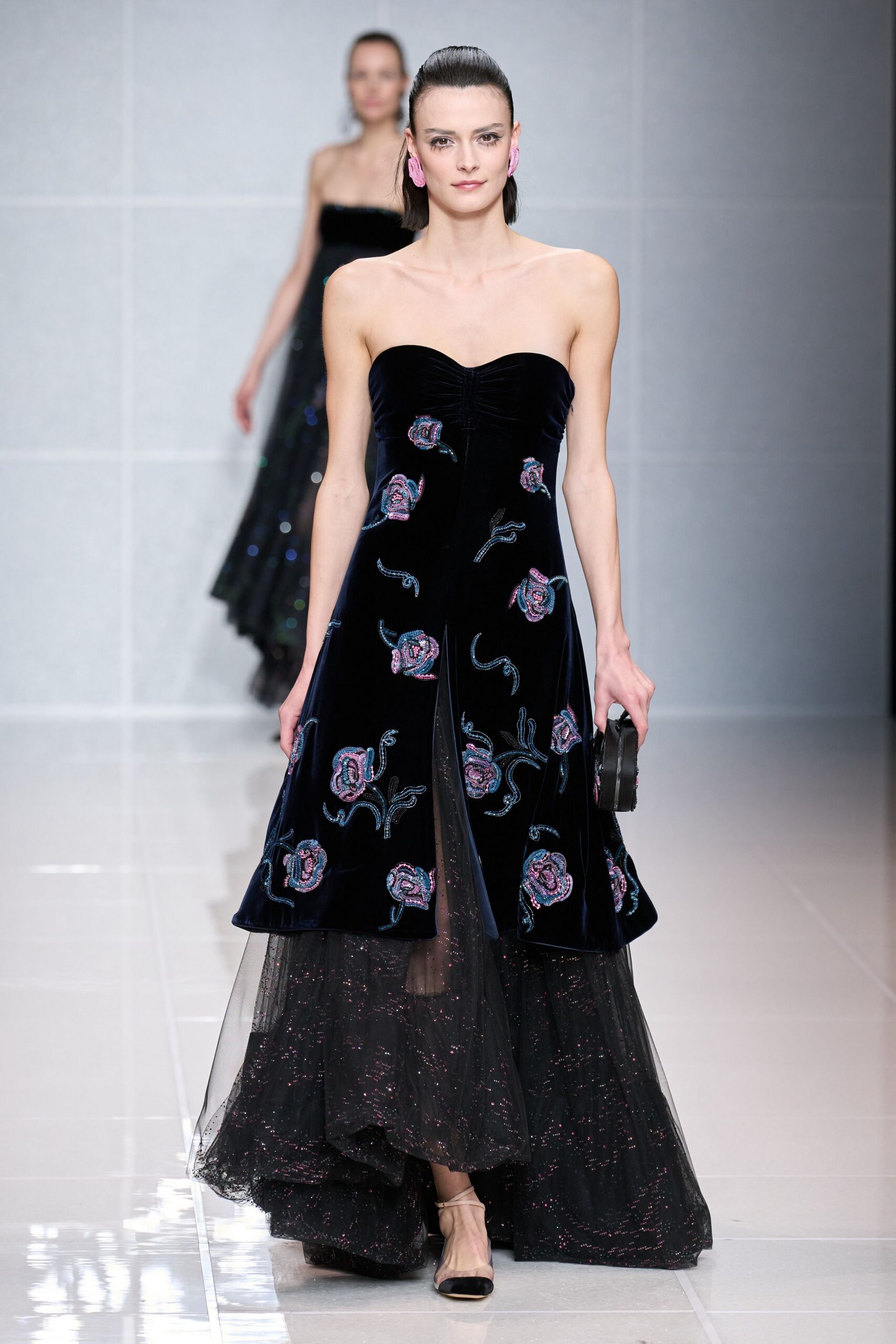 black velvet strapless fitted embroidered tiered flowing gown