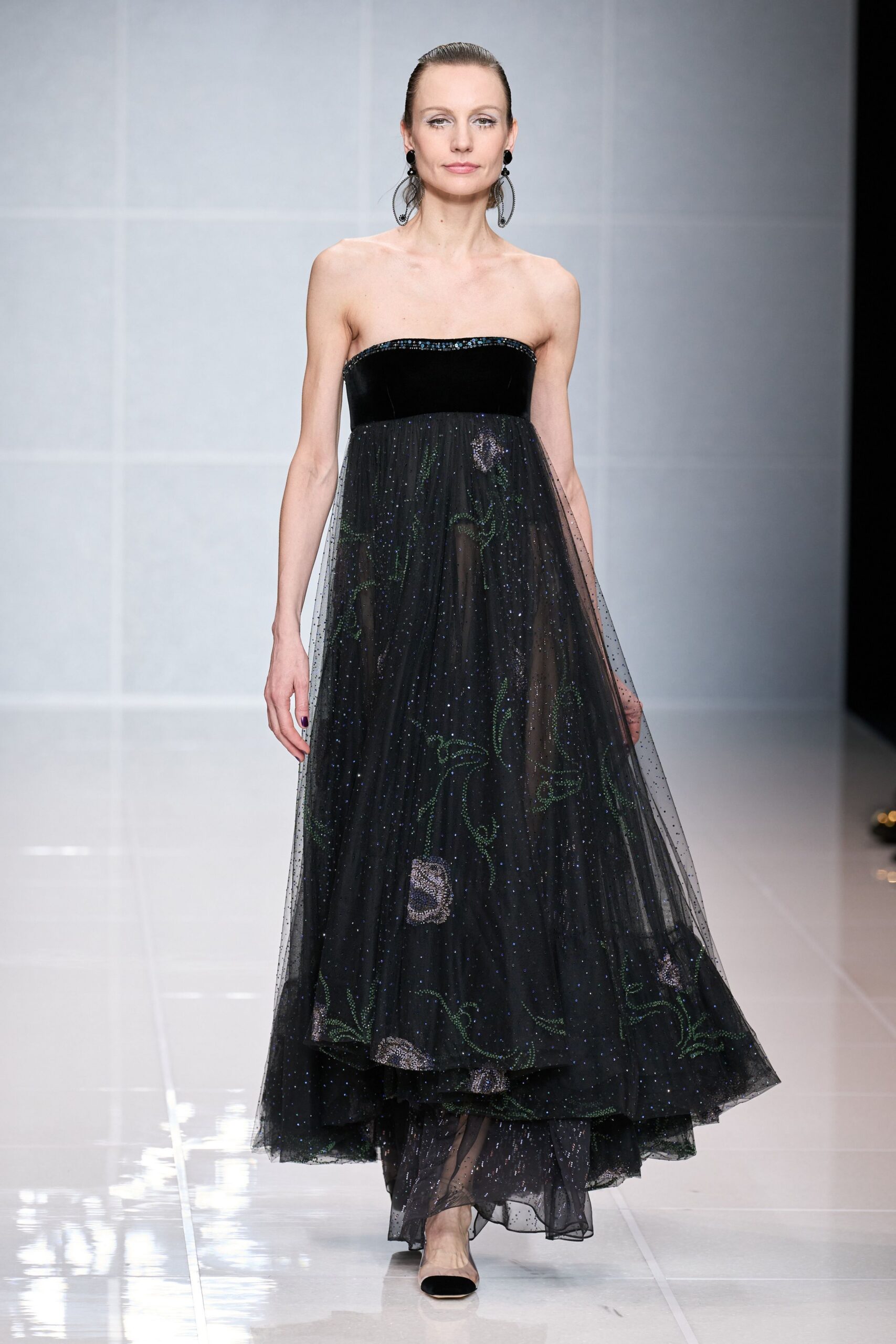 black silk strapless fitted embellished sheer maxi gown