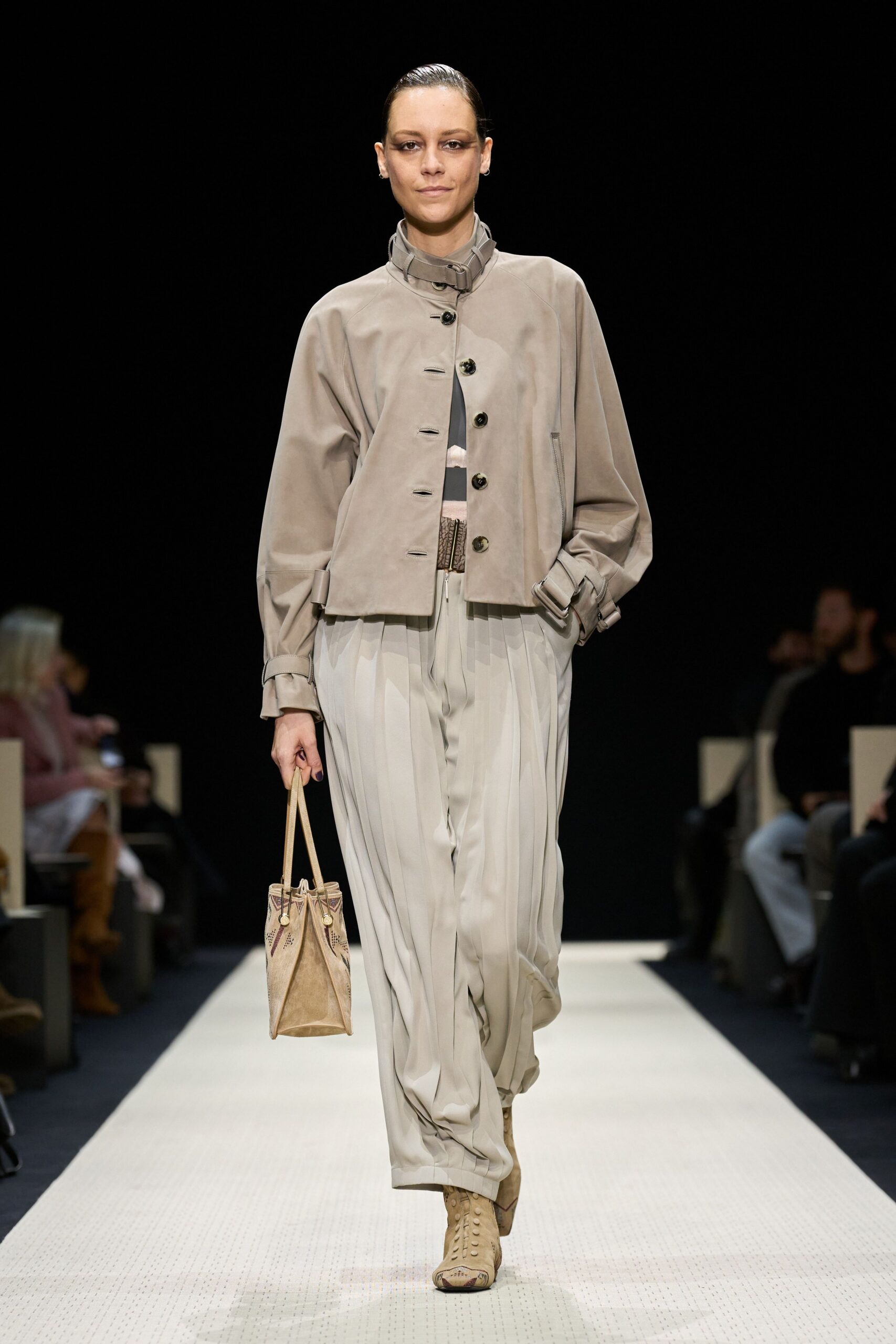 beige suede long-sleeve collared relaxed buttoned jacket