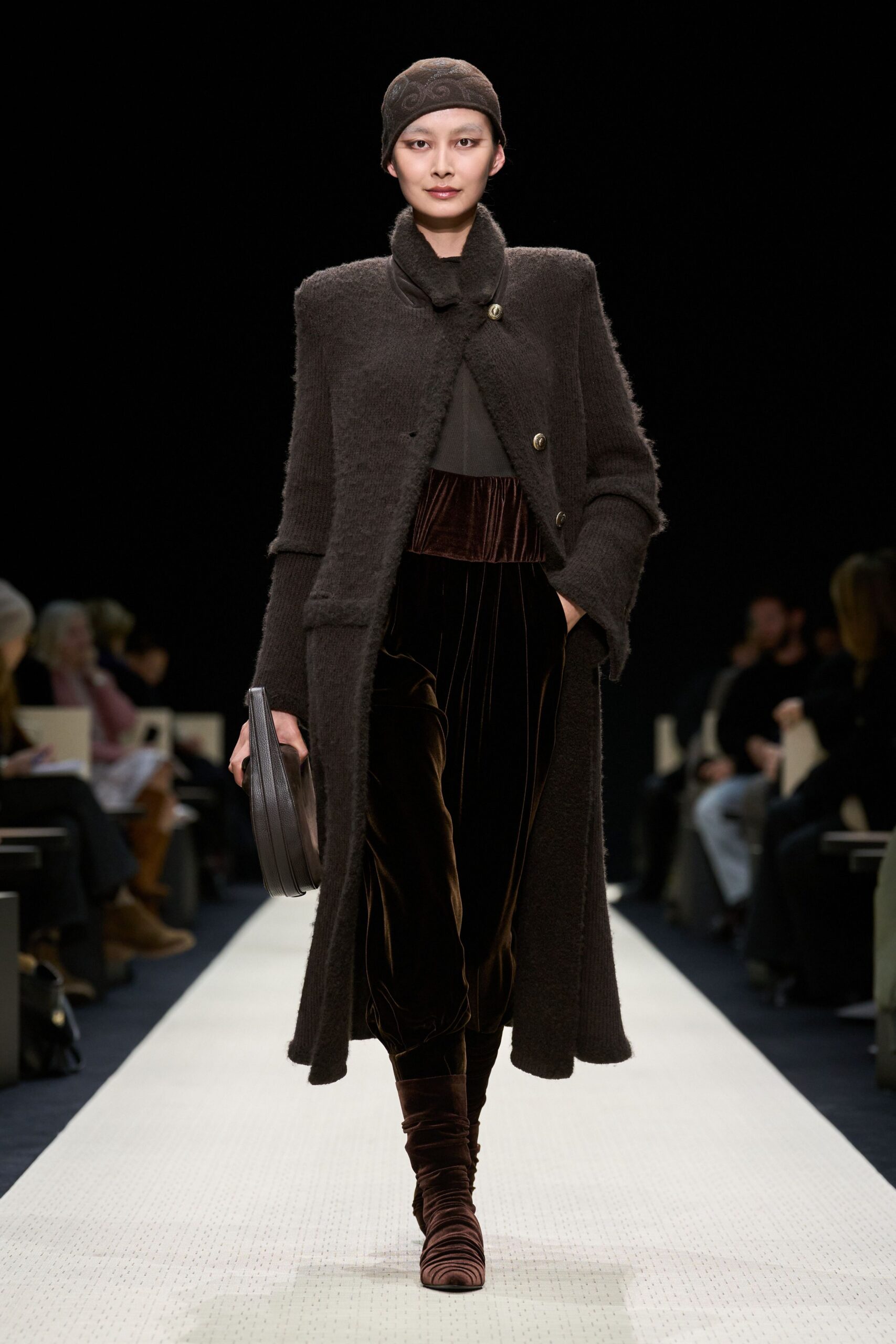brown wool long-sleeve collared fitted buttoned coat