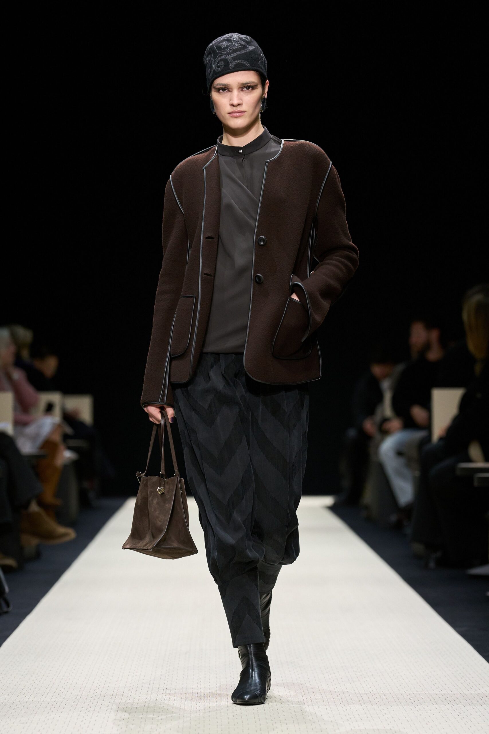 brown wool long-sleeve collared fitted zippered jacket