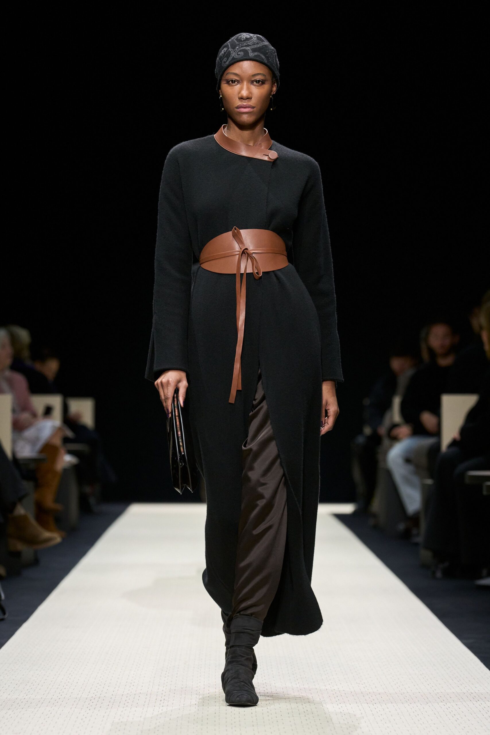 black wool long-sleeve collared fitted belted maxi dress